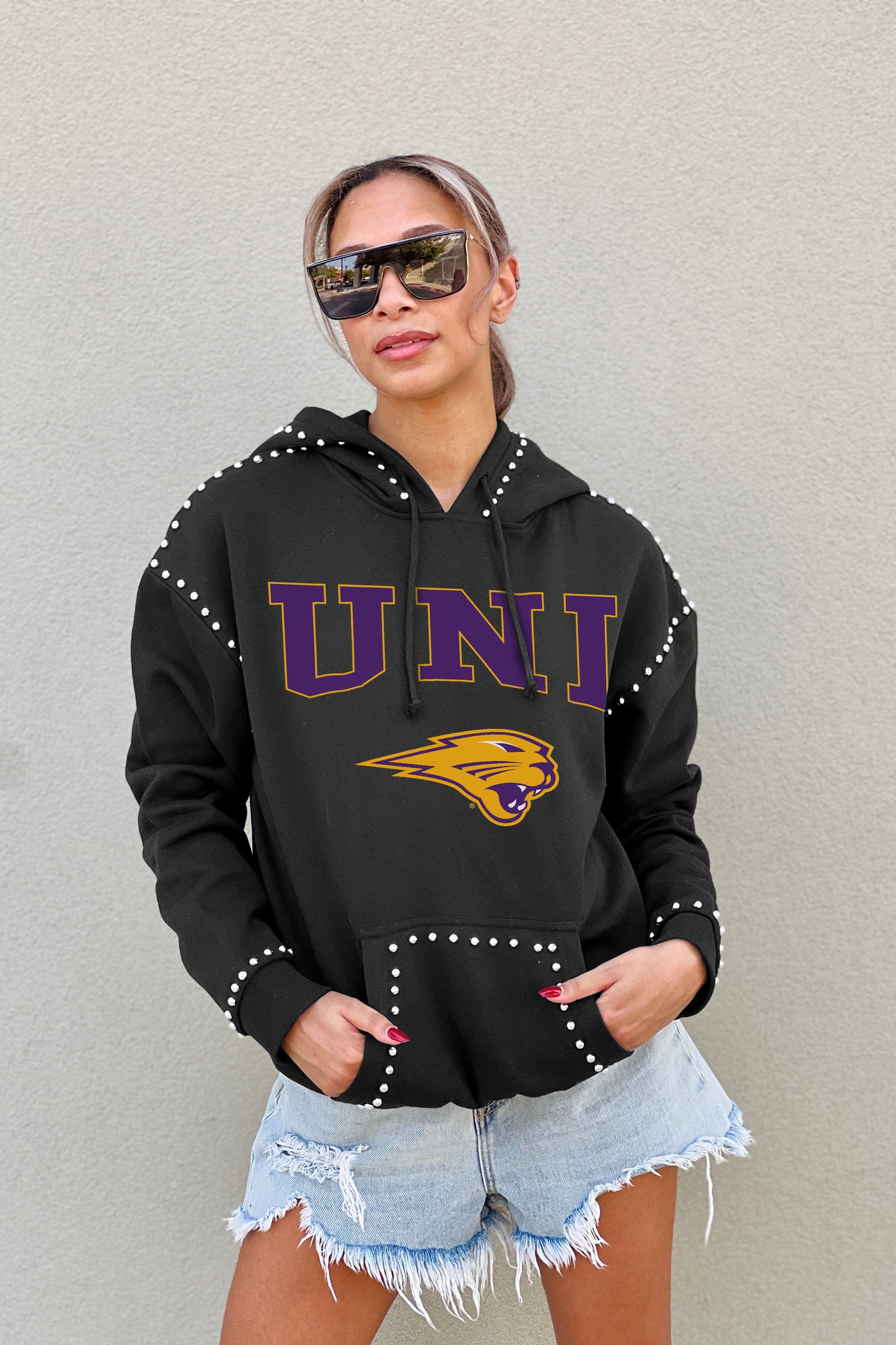 NORTHERN IOWA PANTHERS BELLE OF THE BALL STUDDED DETAIL FLEECE FRONT POCKET HOODIE