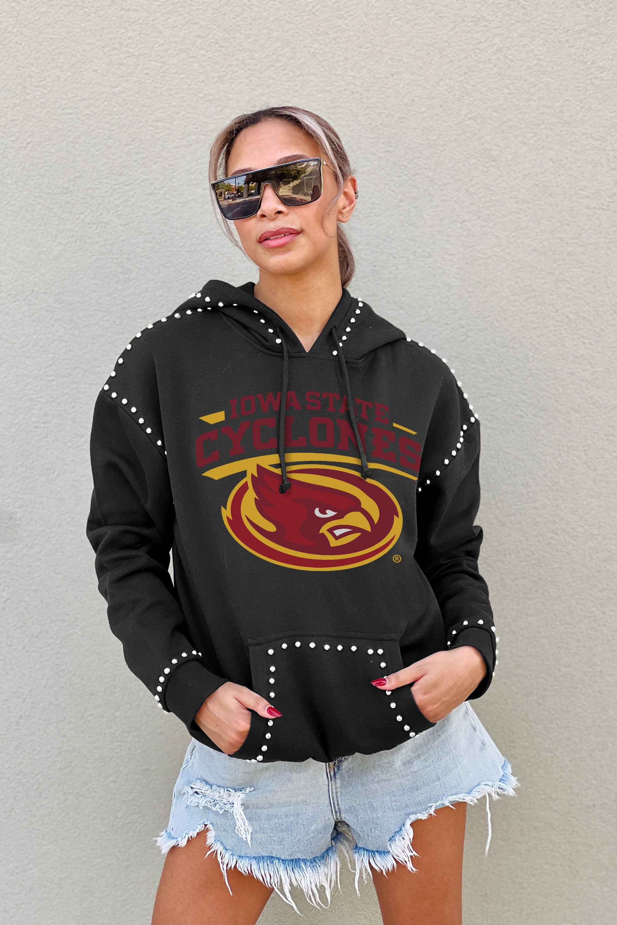 IOWA STATE CYCLONES BELLE OF THE BALL STUDDED DETAIL FLEECE FRONT POCKET HOODIE