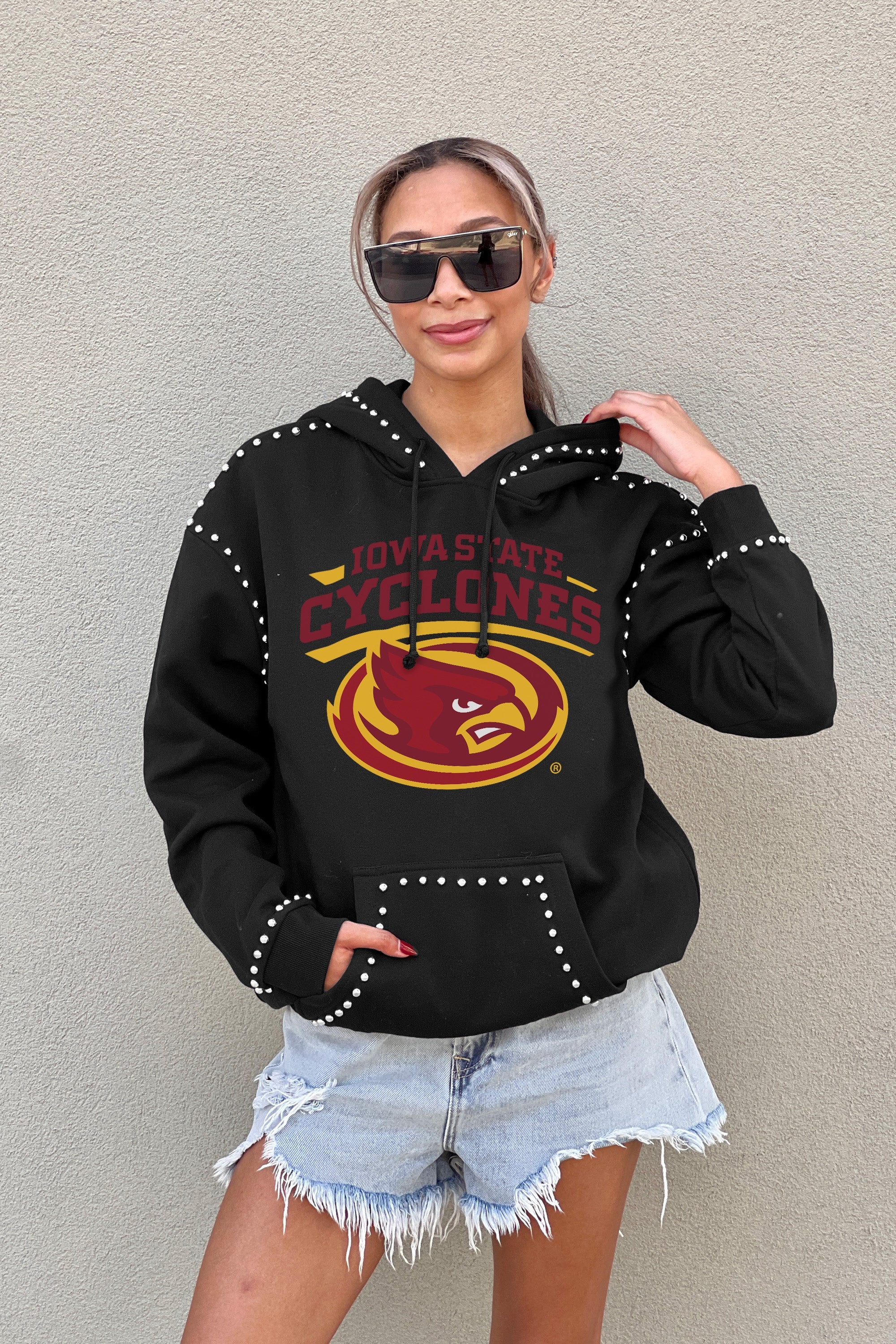 IOWA STATE CYCLONES BELLE OF THE BALL STUDDED DETAIL FLEECE FRONT POCKET HOODIE