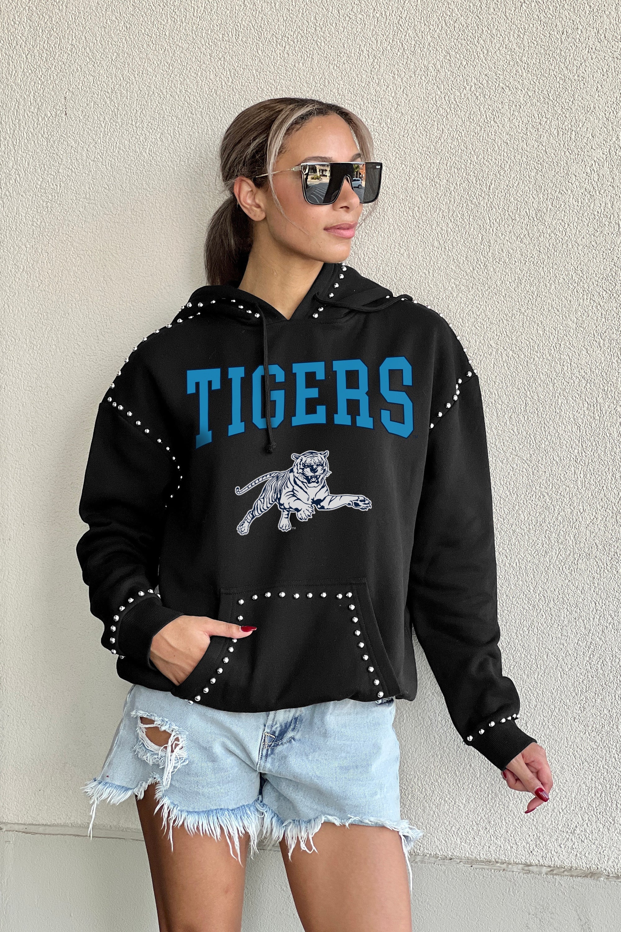 JACKSON STATE TIGERS BELLE OF THE BALL STUDDED DETAIL FLEECE FRONT POCKET HOODIE