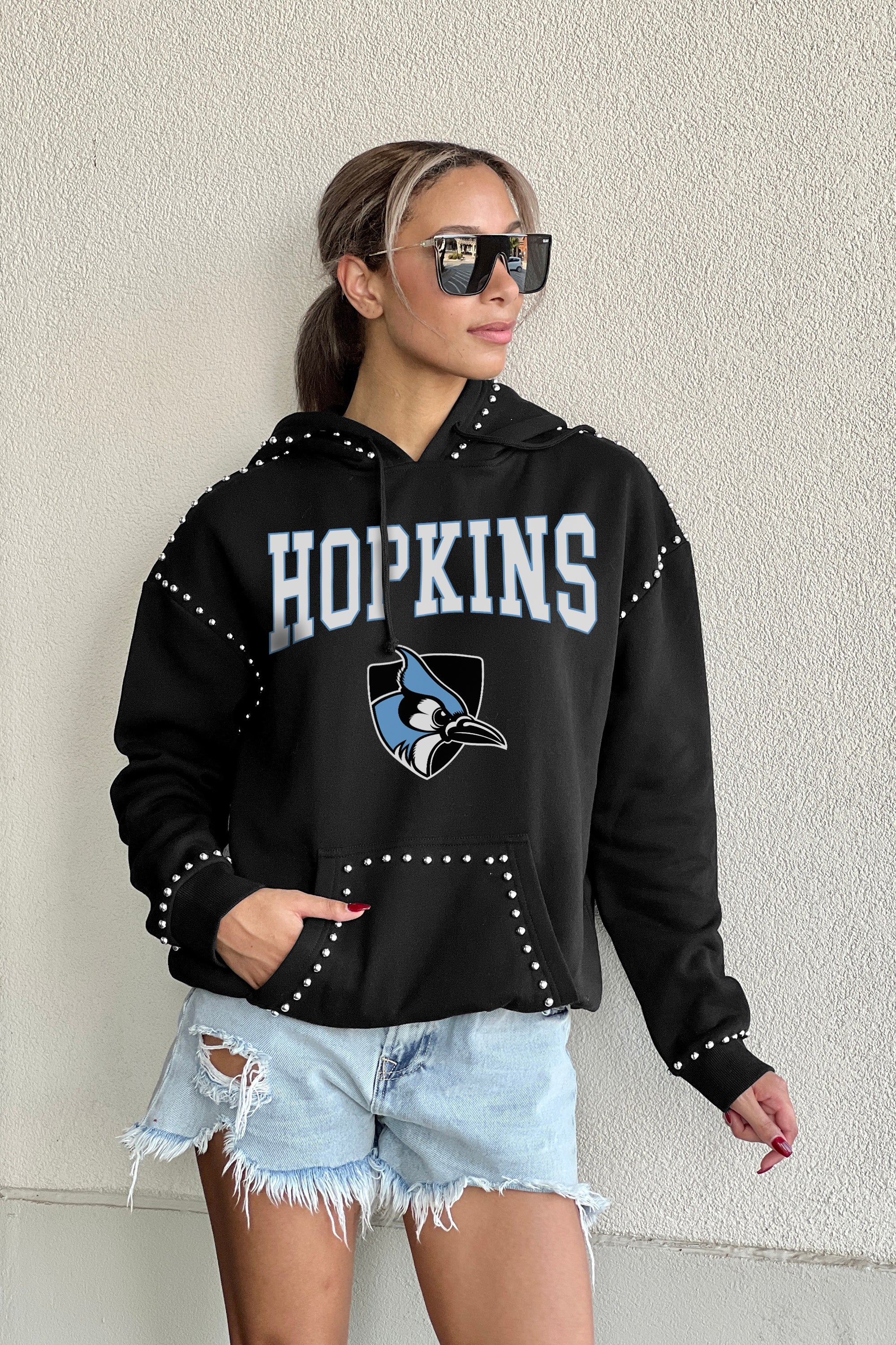 JOHNS HOPKINS BLUEJAYS BELLE OF THE BALL STUDDED DETAIL FLEECE FRONT POCKET HOODIE