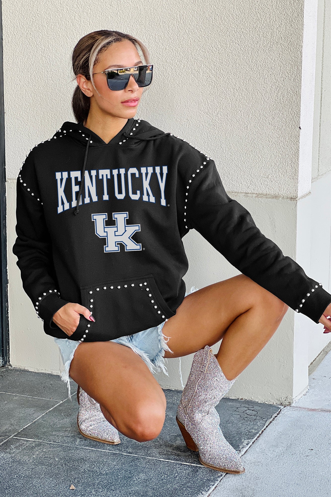 KENTUCKY WILDCATS BELLE OF THE BALL STUDDED DETAIL FLEECE FRONT POCKET HOODIE