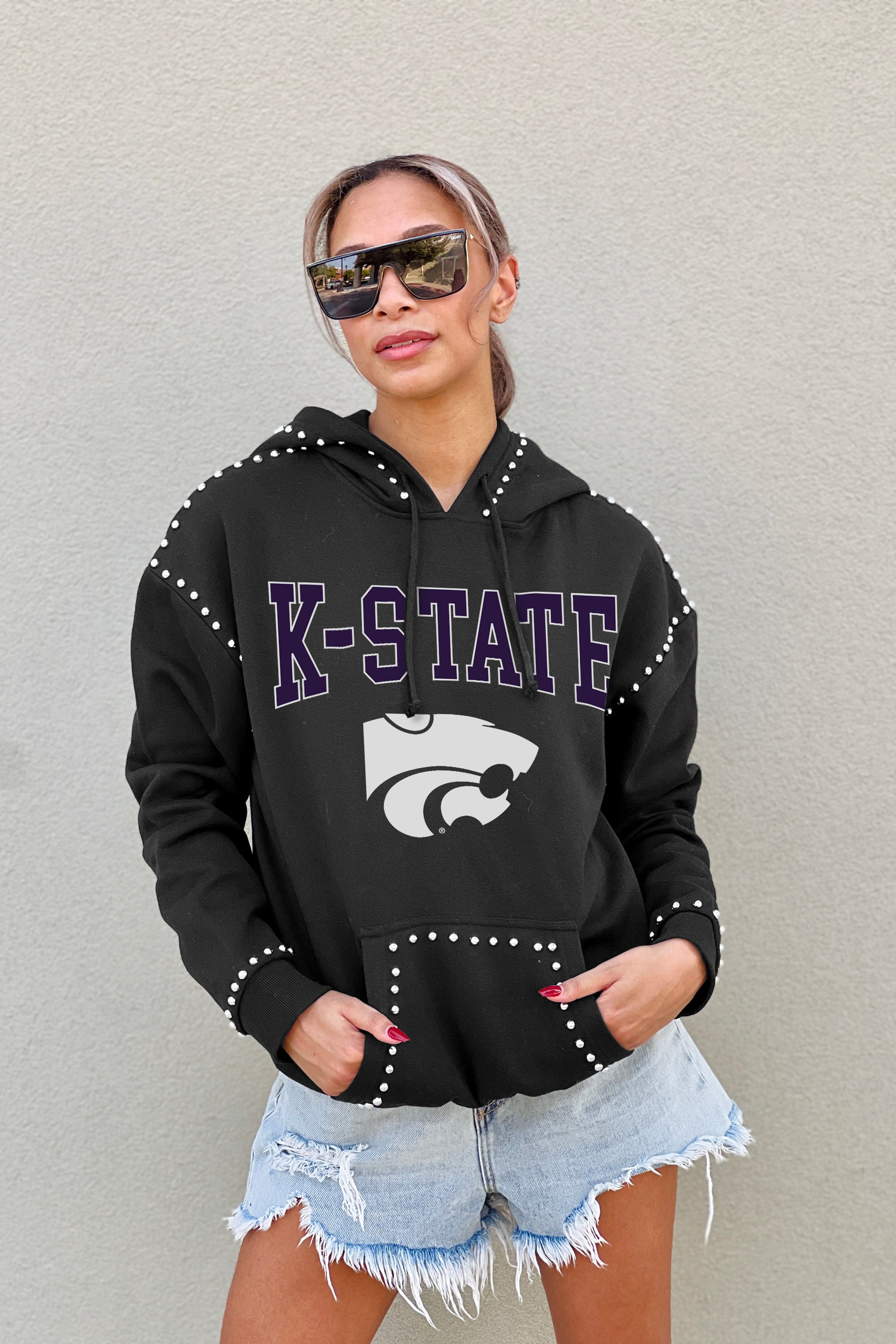 KANSAS STATE WILDCATS BELLE OF THE BALL STUDDED DETAIL FLEECE FRONT POCKET HOODIE