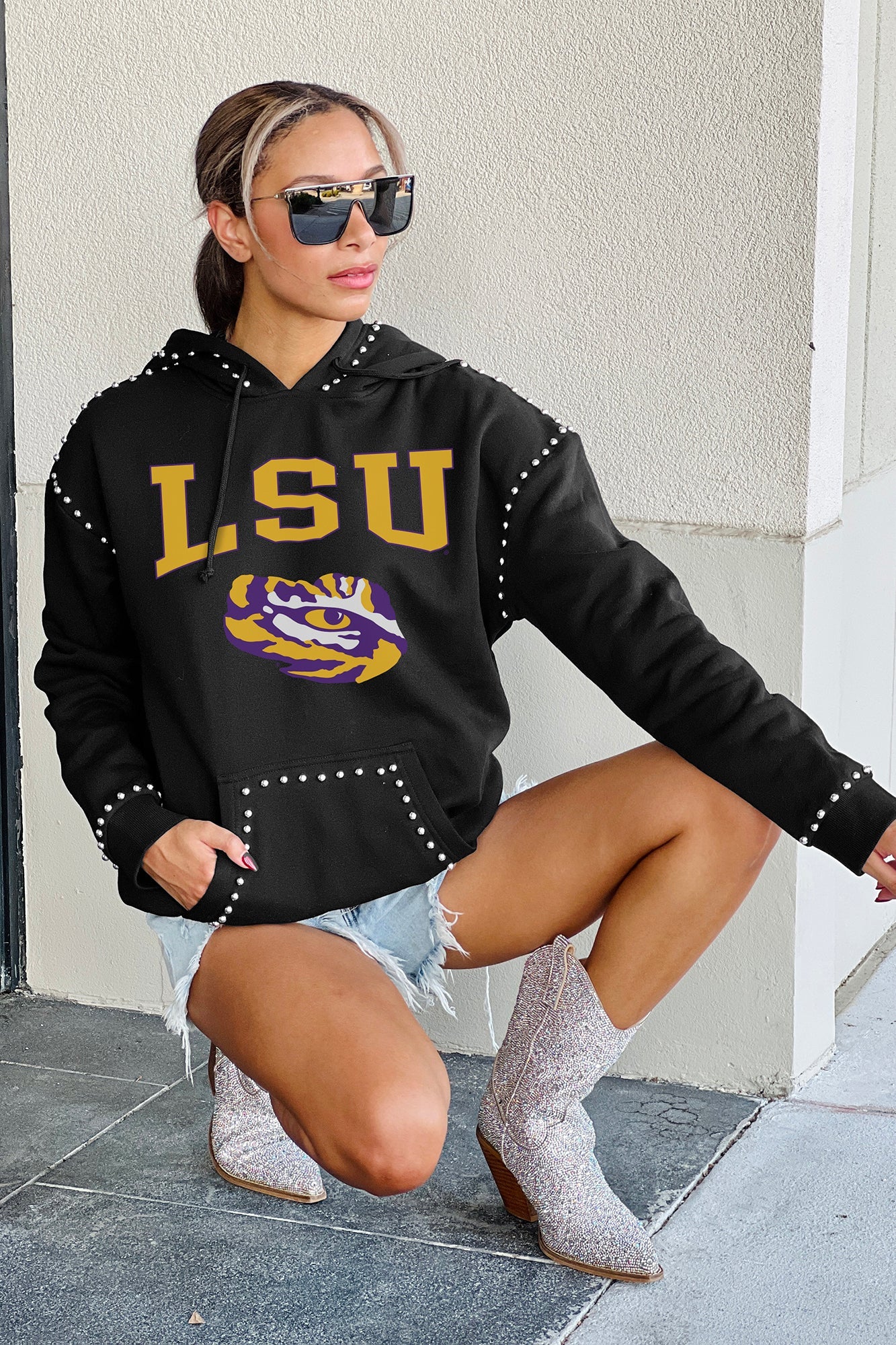 LSU TIGERS BELLE OF THE BALL STUDDED DETAIL FLEECE FRONT POCKET HOODIE