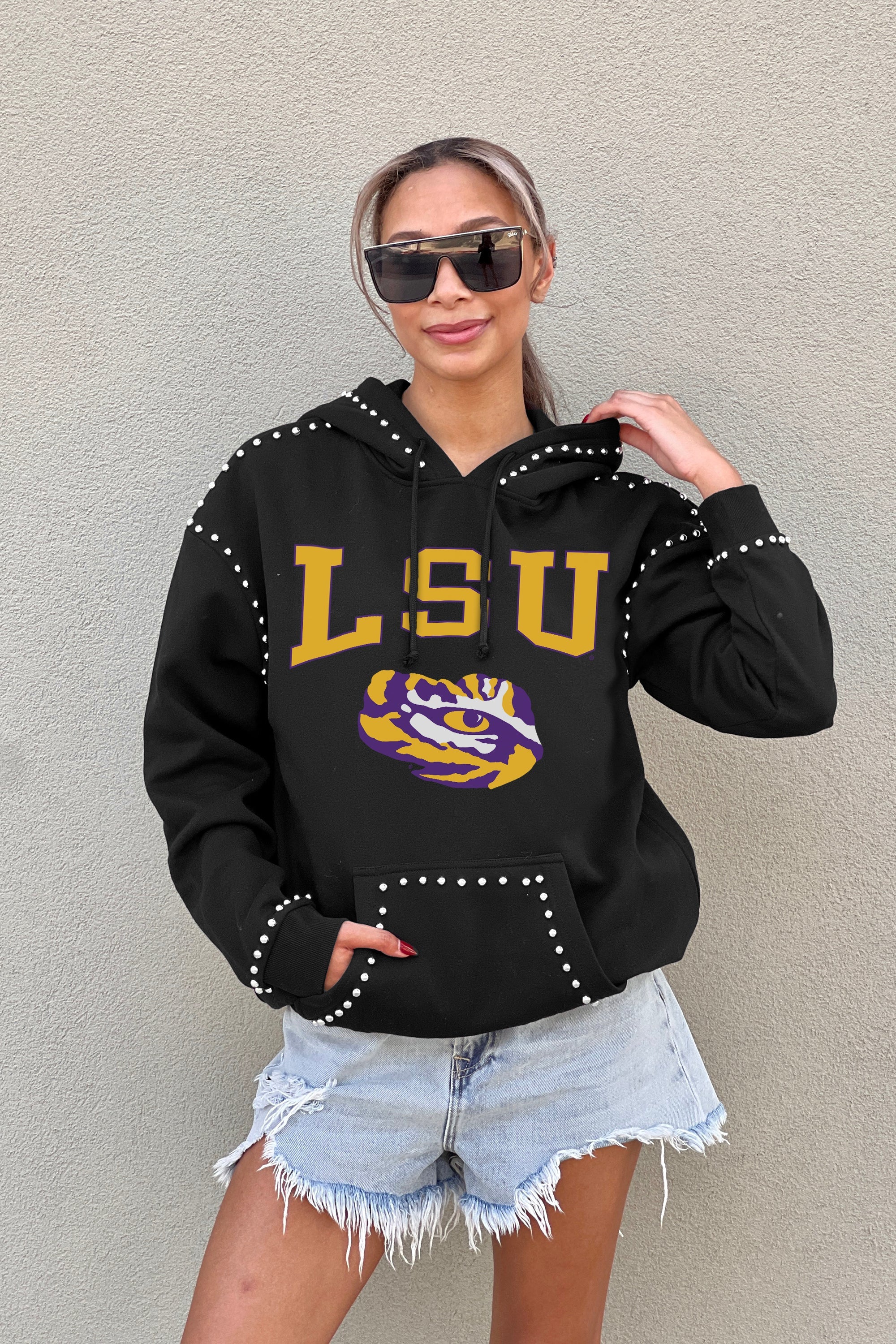 LSU TIGERS BELLE OF THE BALL STUDDED DETAIL FLEECE FRONT POCKET HOODIE