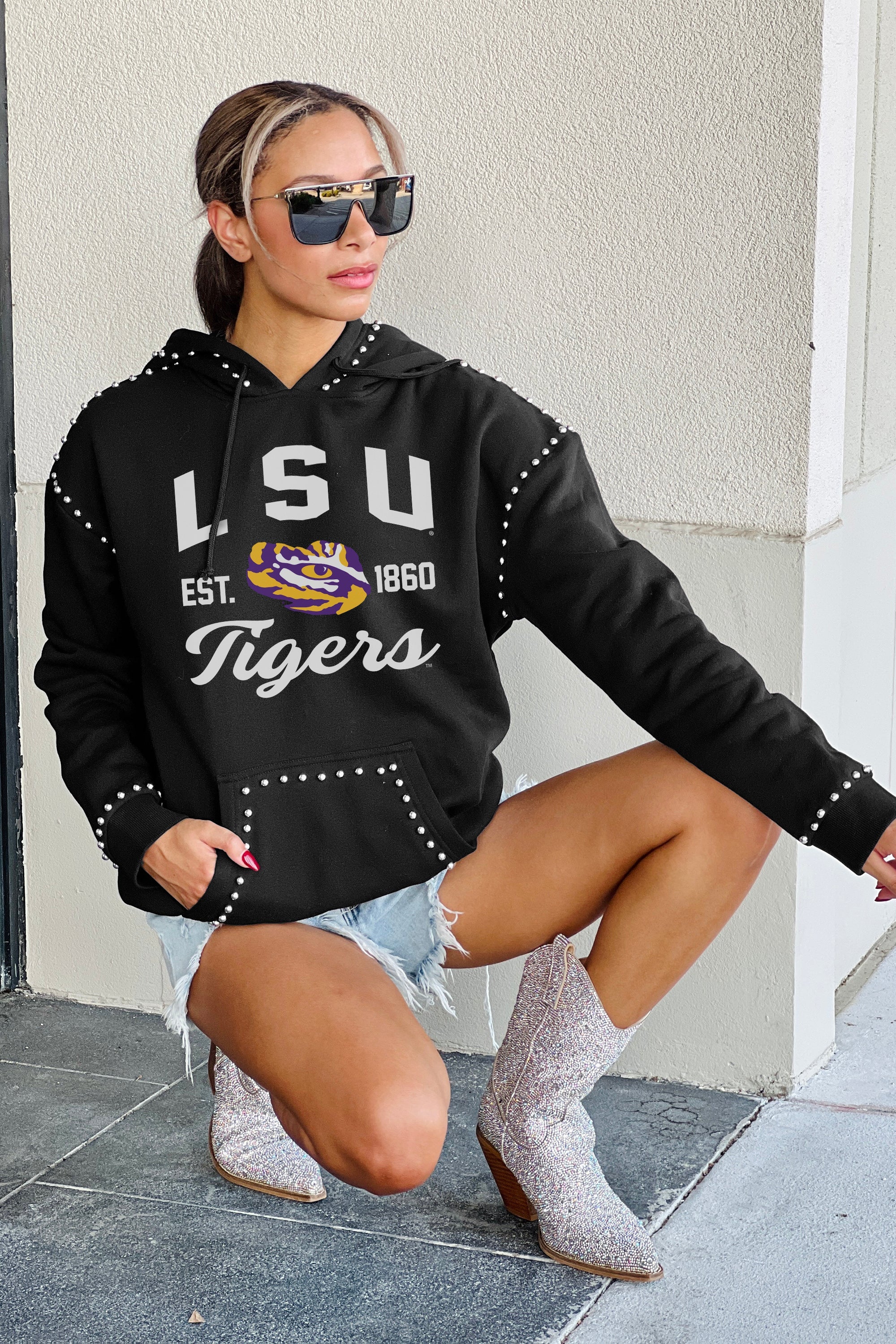 LSU TIGERS HERE FOR IT STUDDED DETAIL FLEECE FRONT POCKET HOODIE