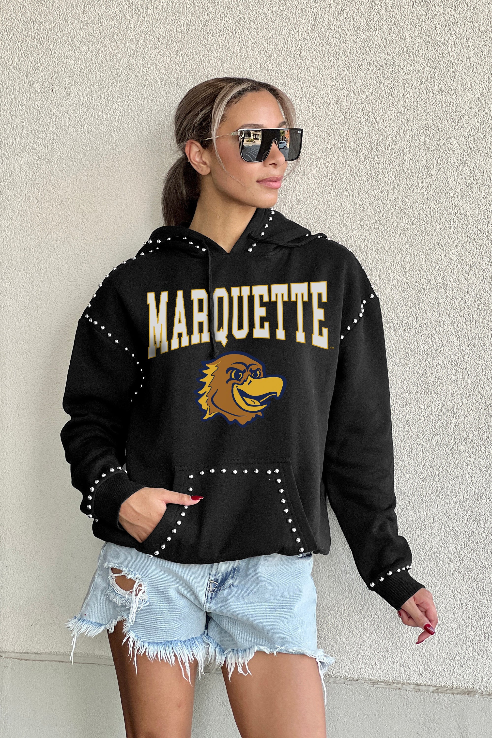 MARQUETTE GOLDEN EAGLES BELLE OF THE BALL STUDDED DETAIL FLEECE FRONT POCKET HOODIE