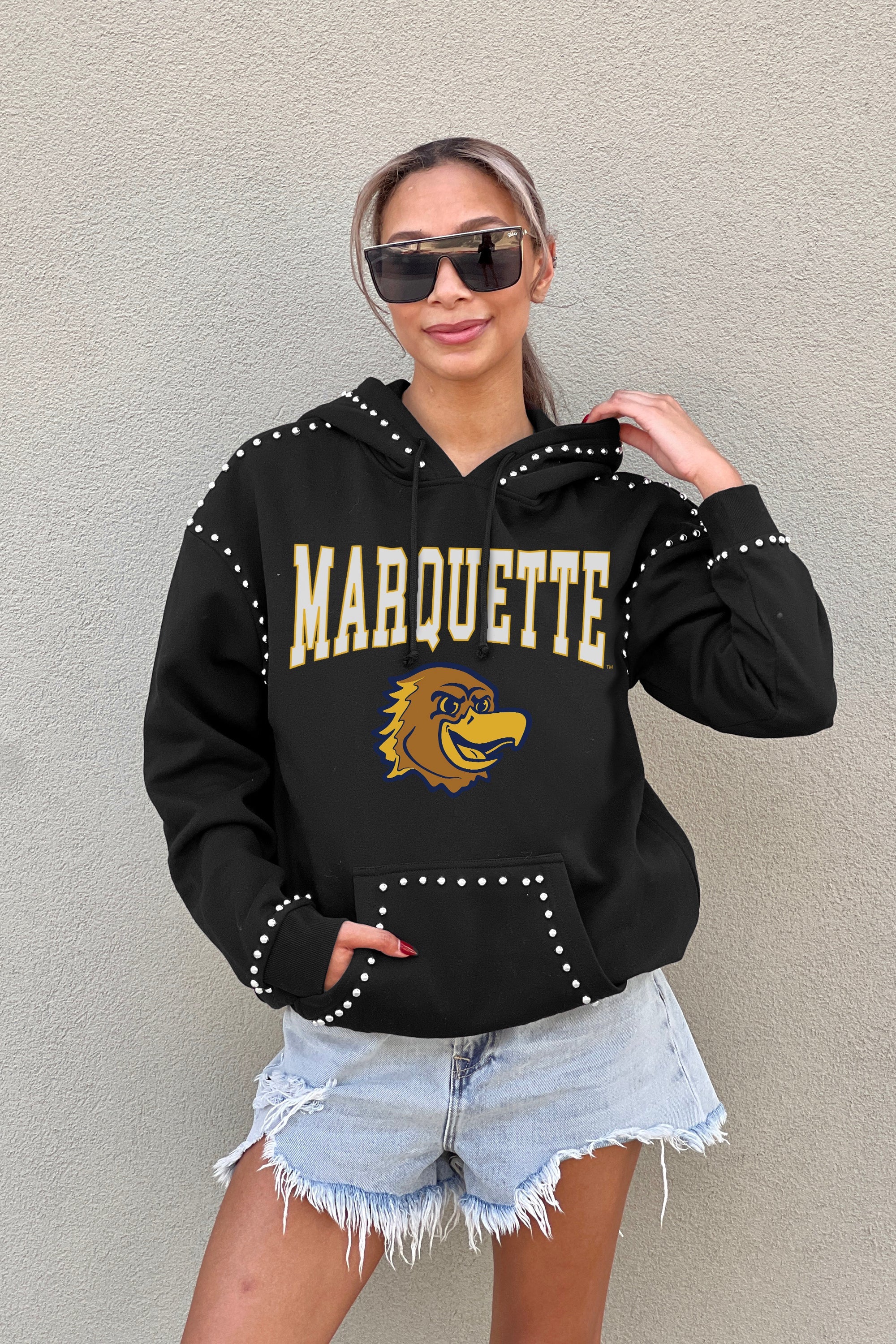 MARQUETTE GOLDEN EAGLES BELLE OF THE BALL STUDDED DETAIL FLEECE FRONT POCKET HOODIE