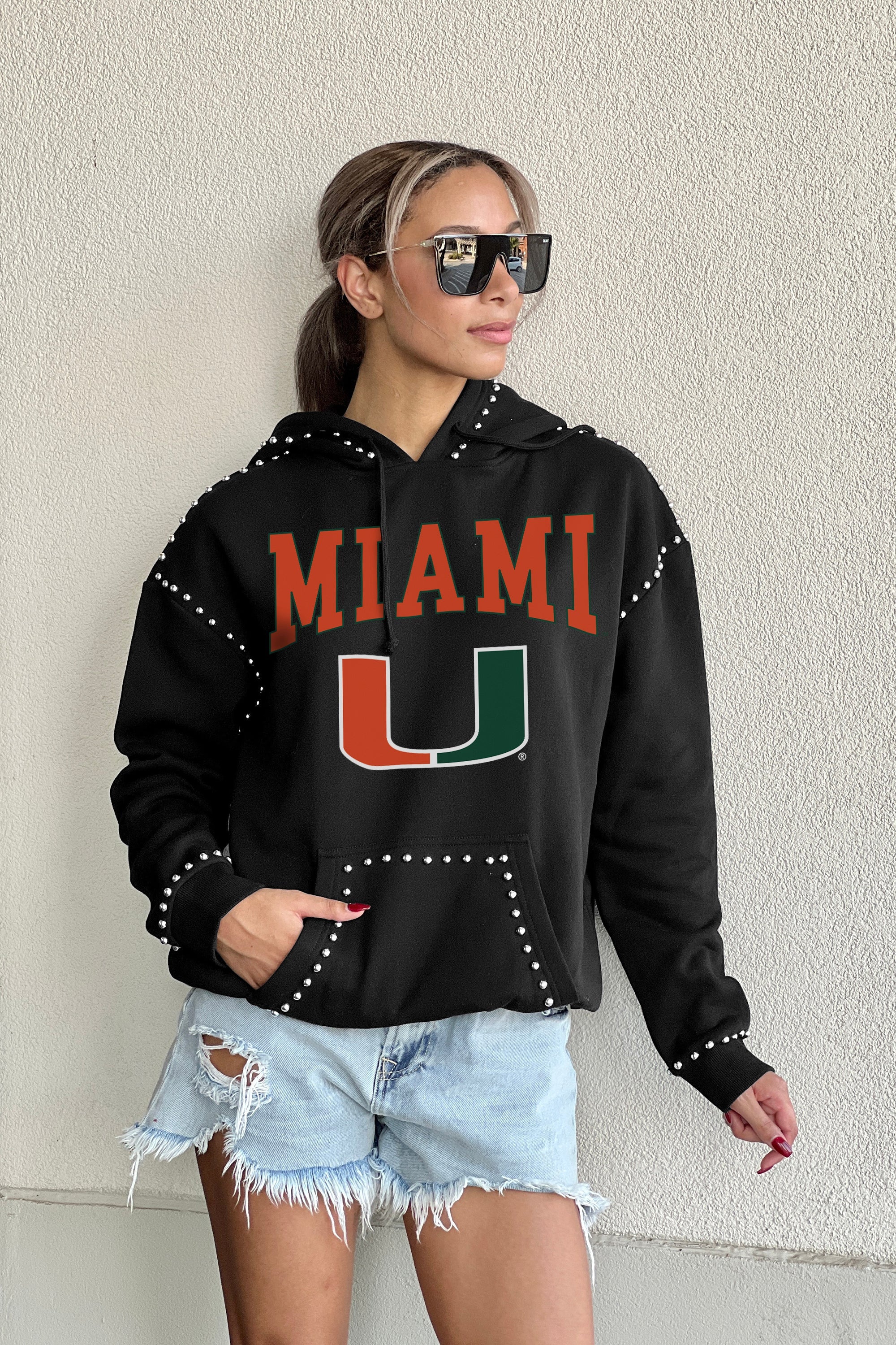 MIAMI HURRICANES BELLE OF THE BALL STUDDED DETAIL FLEECE FRONT POCKET HOODIE