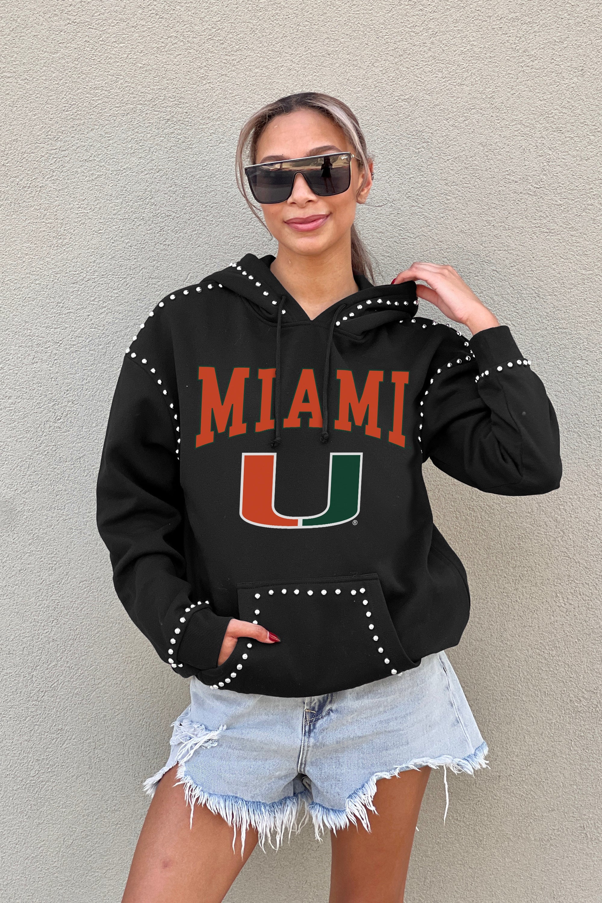 MIAMI HURRICANES BELLE OF THE BALL STUDDED DETAIL FLEECE FRONT POCKET HOODIE