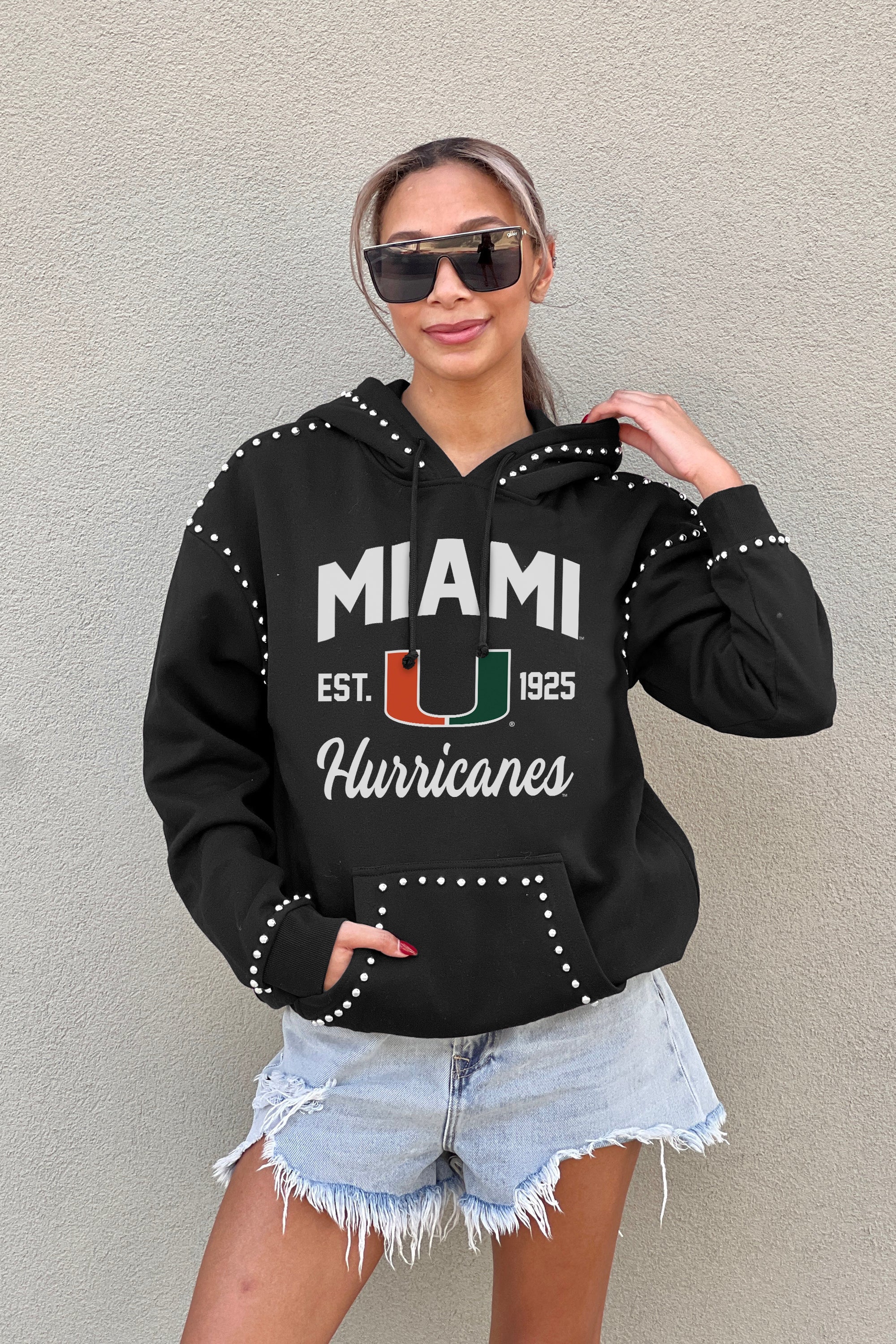 MIAMI HURRICANES HERE FOR IT STUDDED DETAIL FLEECE FRONT POCKET HOODIE