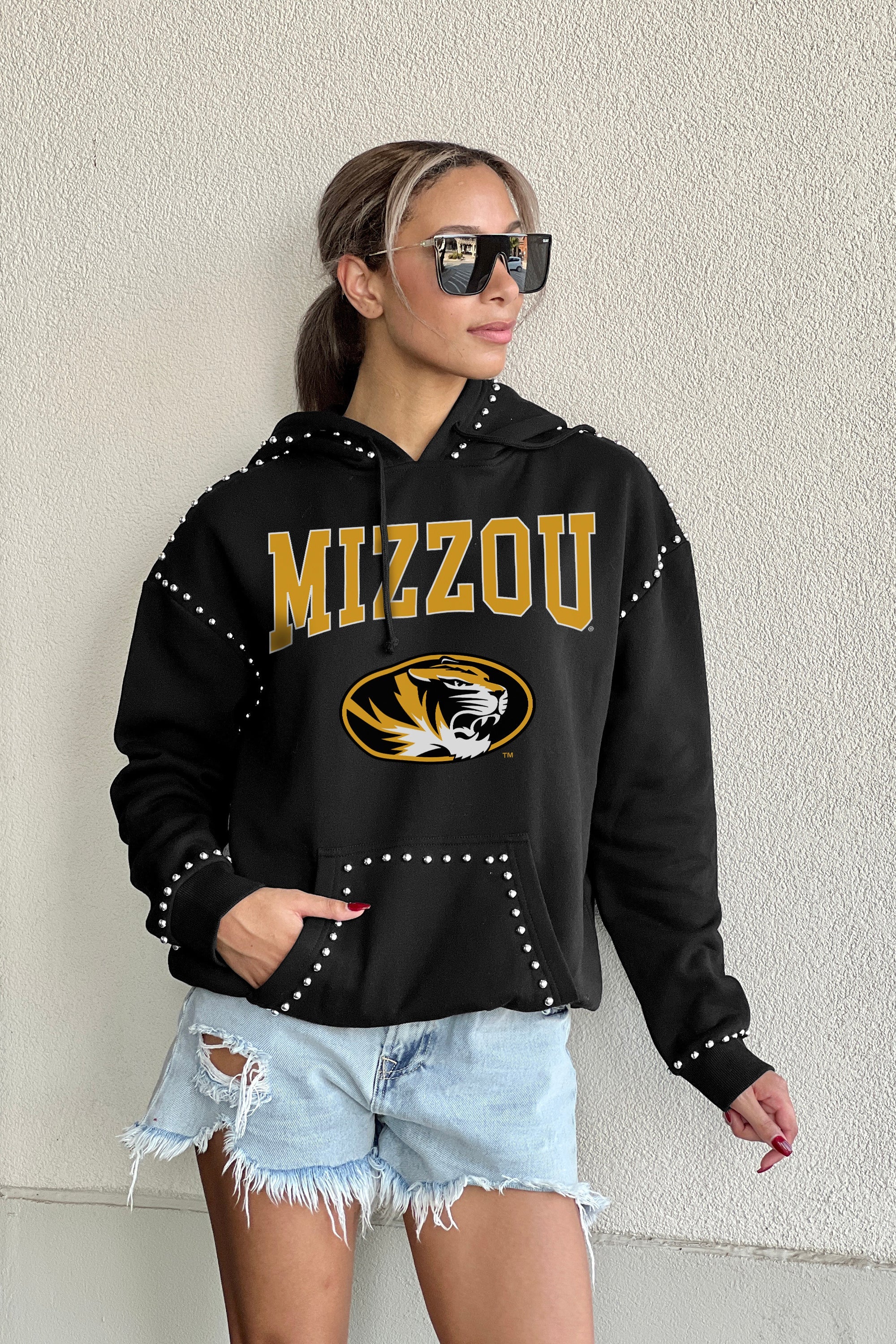 MISSOURI TIGERS BELLE OF THE BALL STUDDED DETAIL FLEECE FRONT POCKET HOODIE