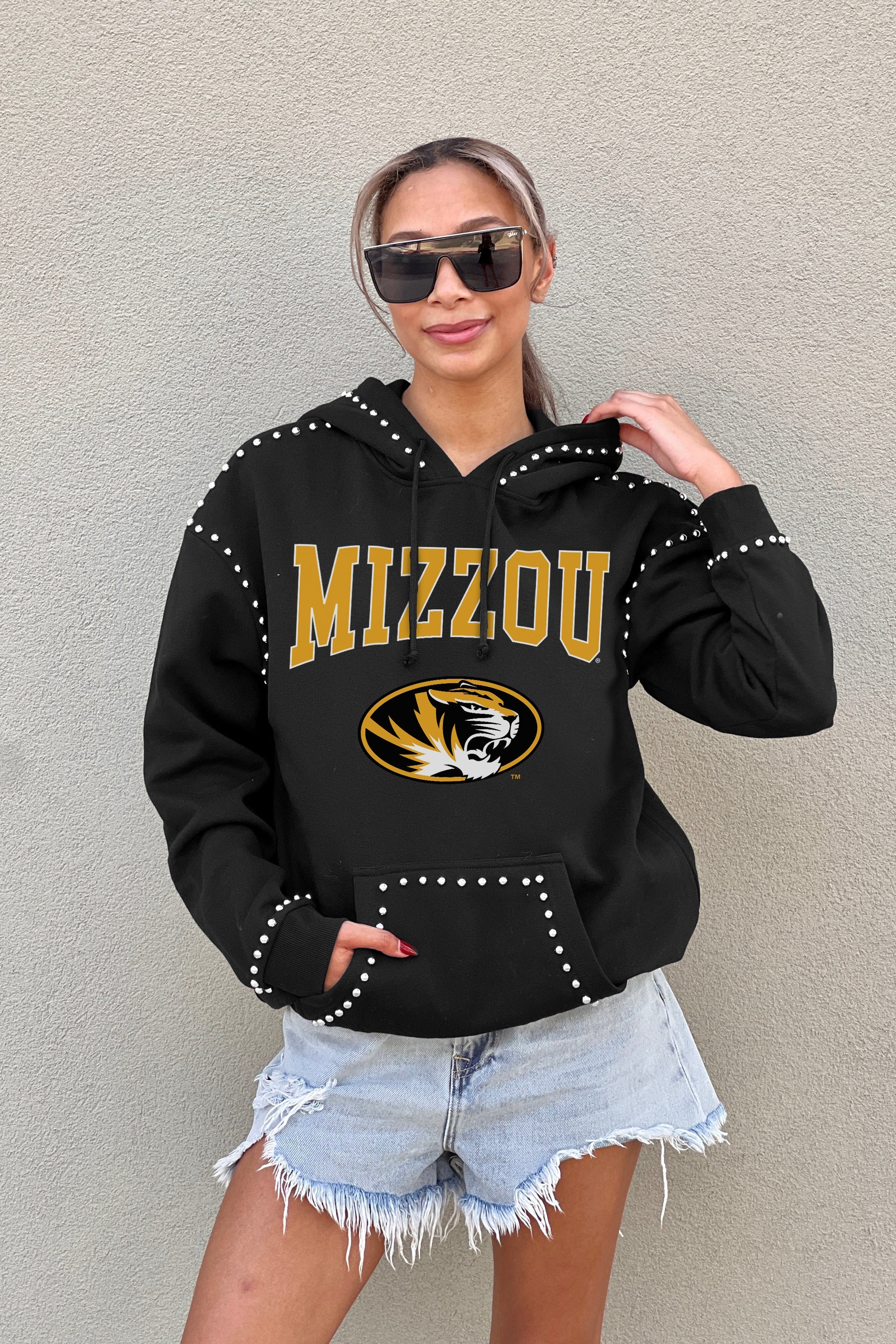 MISSOURI TIGERS BELLE OF THE BALL STUDDED DETAIL FLEECE FRONT POCKET HOODIE