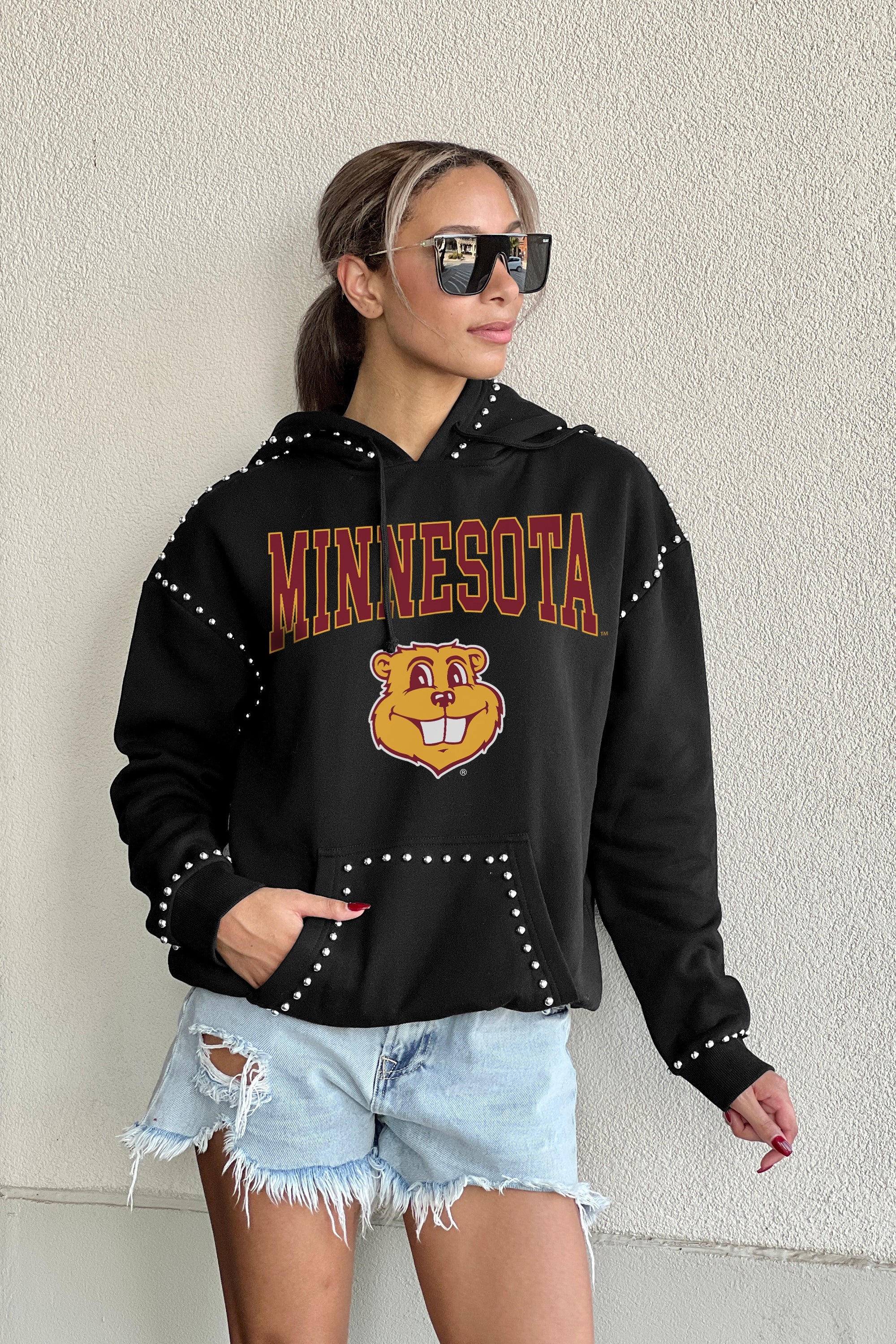 MINNESOTA GOLDEN GOPHERS BELLE OF THE BALL STUDDED DETAIL FLEECE FRONT POCKET HOODIE