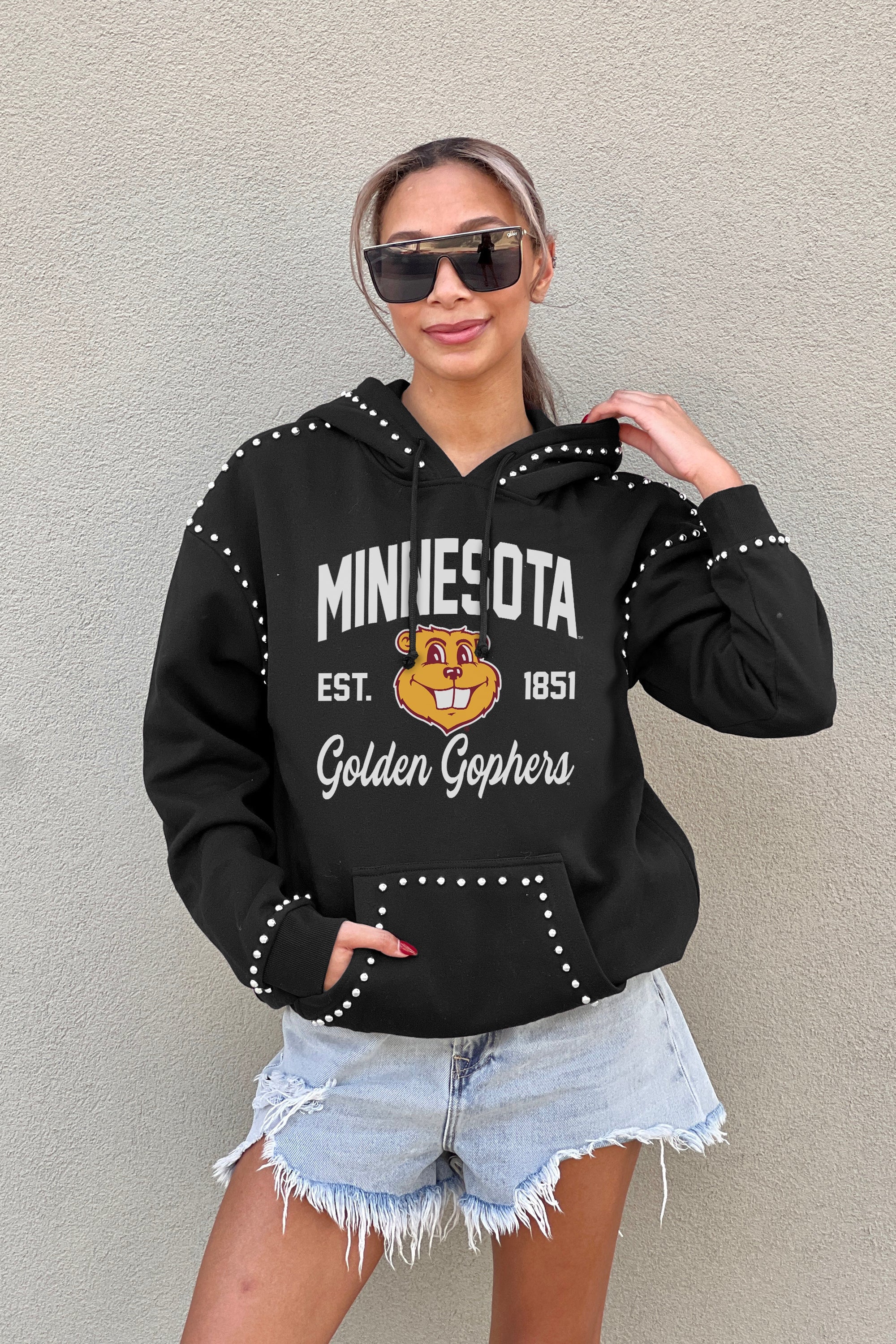 MINNESOTA GOLDEN GOPHERS HERE FOR IT STUDDED DETAIL FLEECE FRONT POCKET HOODIE