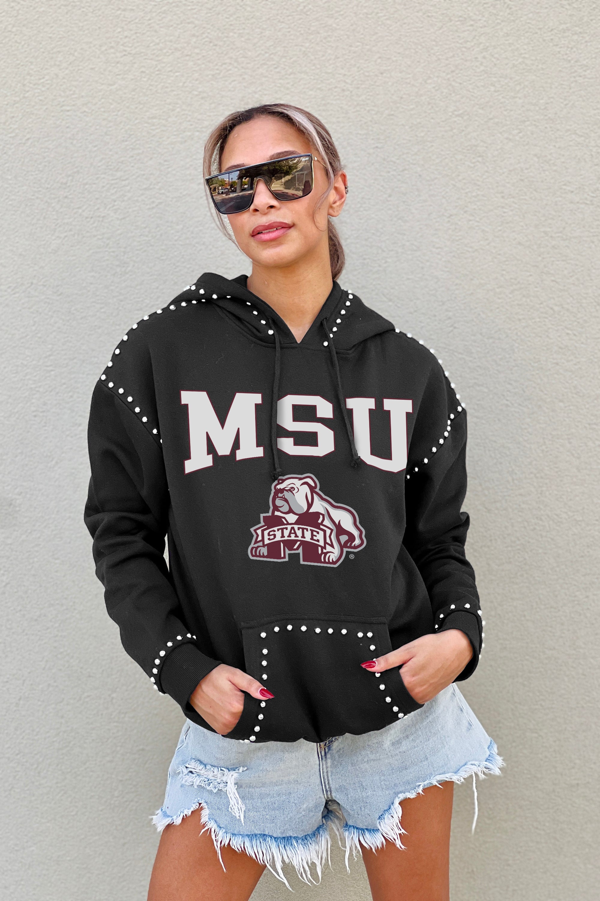 MISSISSIPPI STATE BULLDOGS BELLE OF THE BALL STUDDED DETAIL FLEECE FRONT POCKET HOODIE