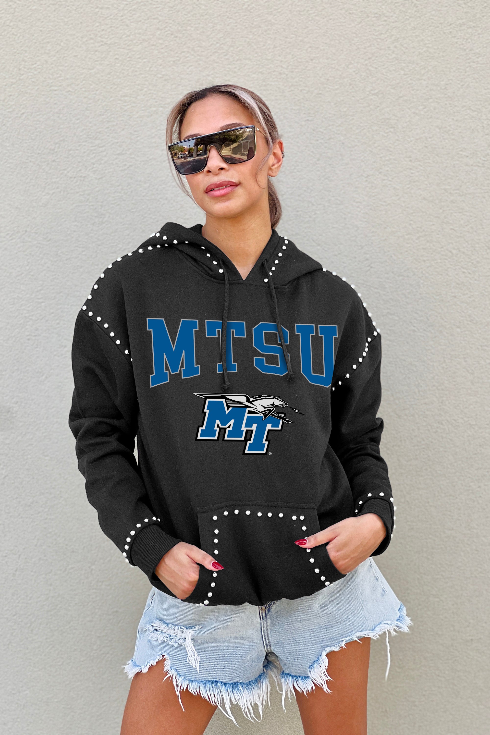 MIDDLE TENNESSEE STATE BLUE RAIDERS BELLE OF THE BALL STUDDED DETAIL FLEECE FRONT POCKET HOODIE