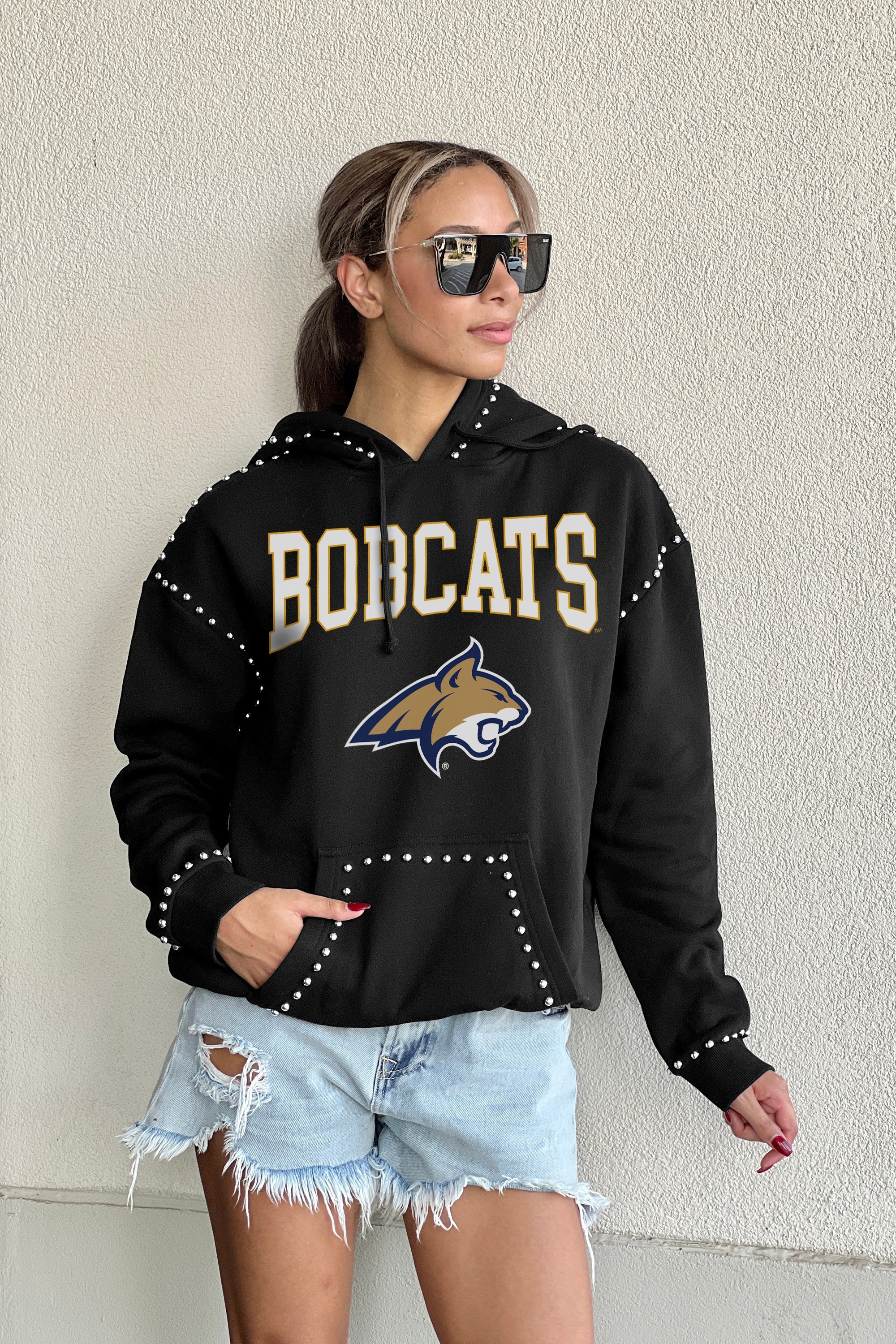 MONTANA STATE BOBCATS BELLE OF THE BALL STUDDED DETAIL FLEECE FRONT POCKET HOODIE