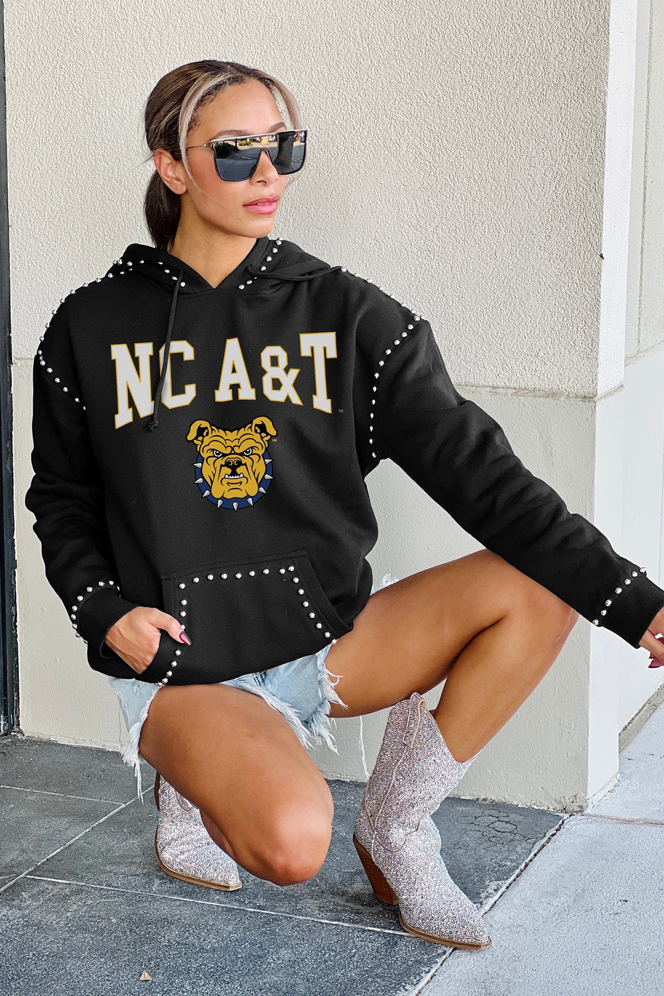 NORTH CAROLINA A&T STATE AGGIES BELLE OF THE BALL STUDDED DETAIL FLEECE FRONT POCKET HOODIE