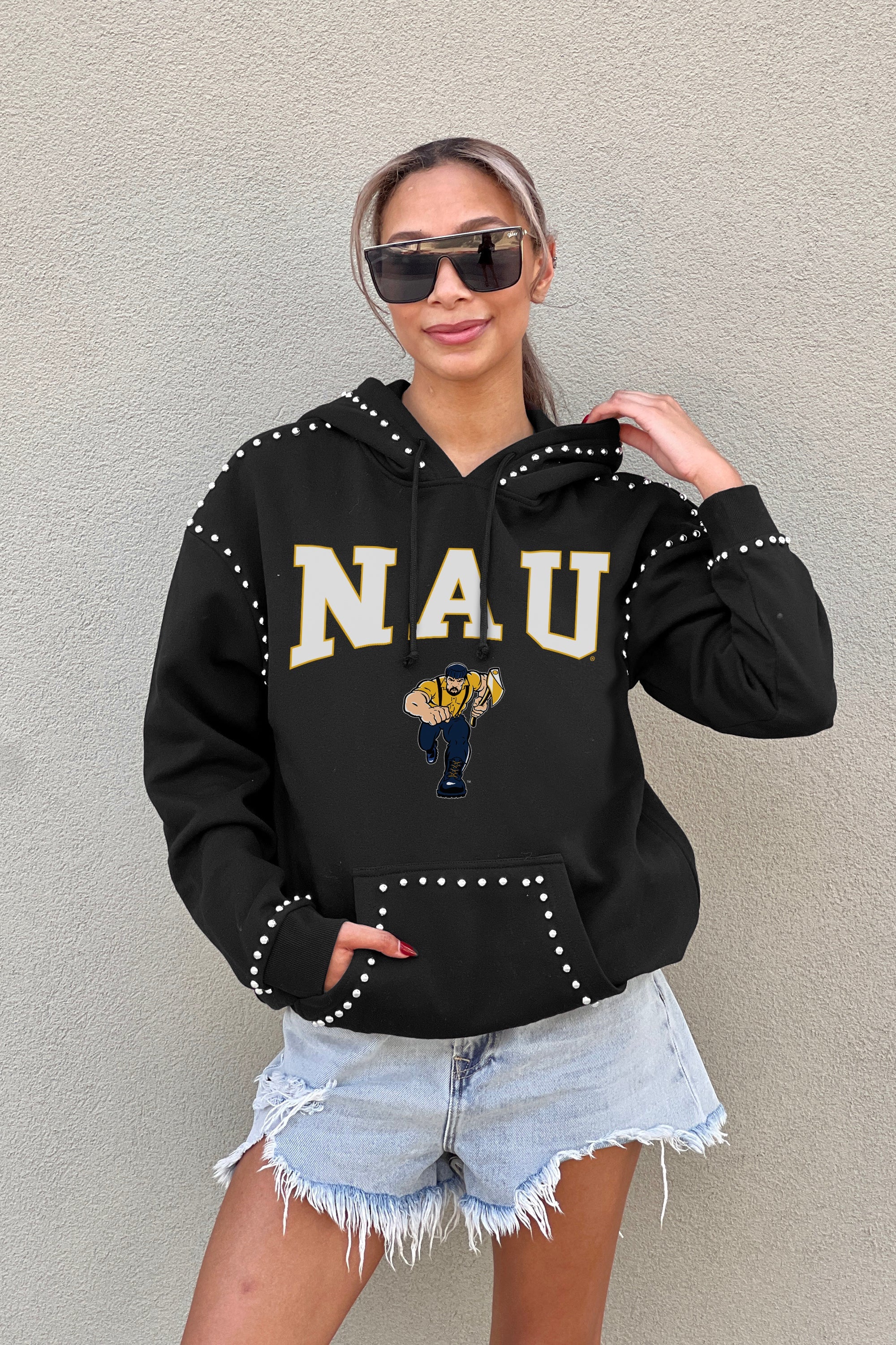 NORTHERN ARIZONA LUMBERJACKS BELLE OF THE BALL STUDDED DETAIL FLEECE FRONT POCKET HOODIE