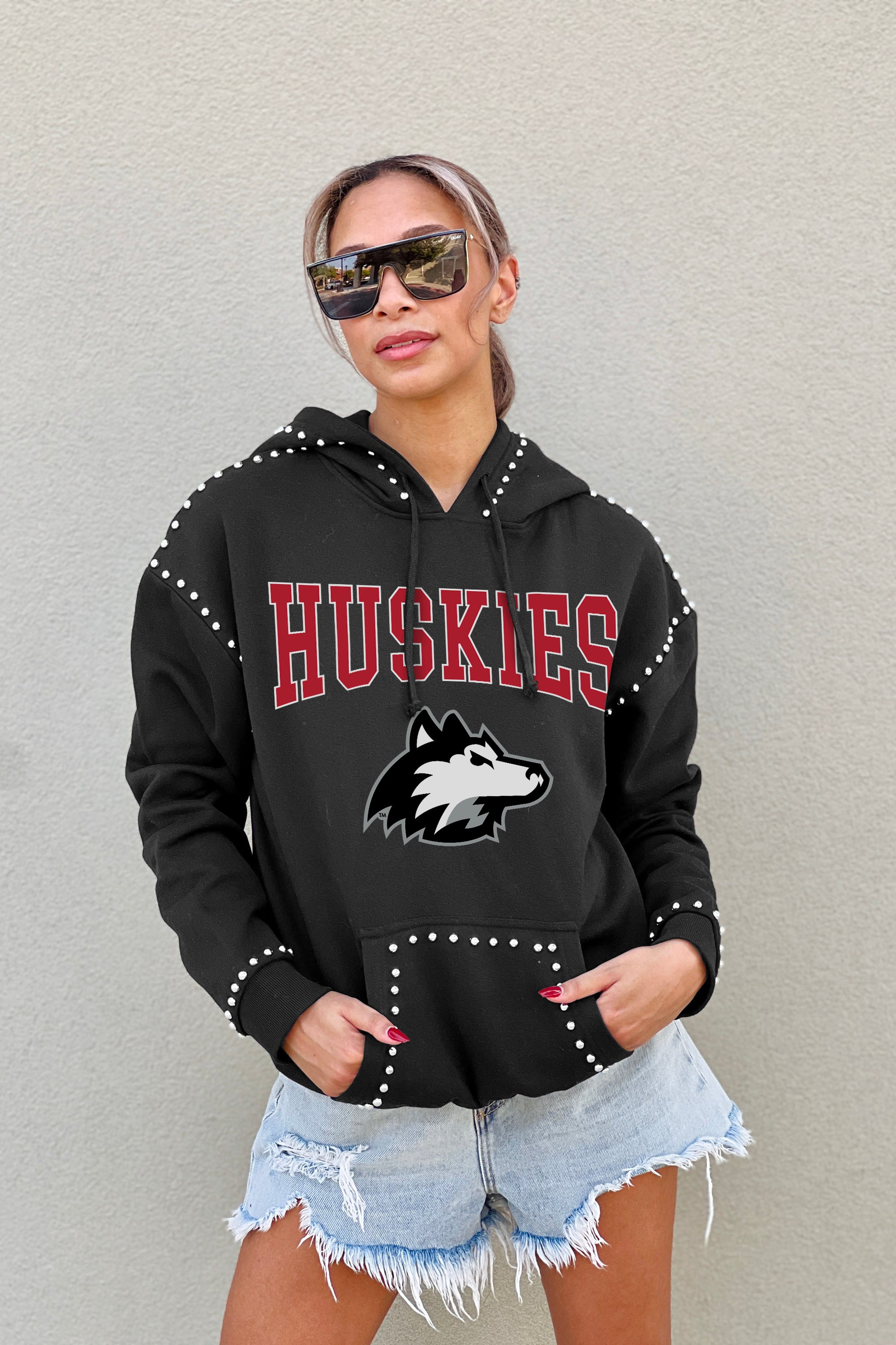 NORTHERN ILLINOIS HUSKIES BELLE OF THE BALL STUDDED DETAIL FLEECE FRONT POCKET HOODIE