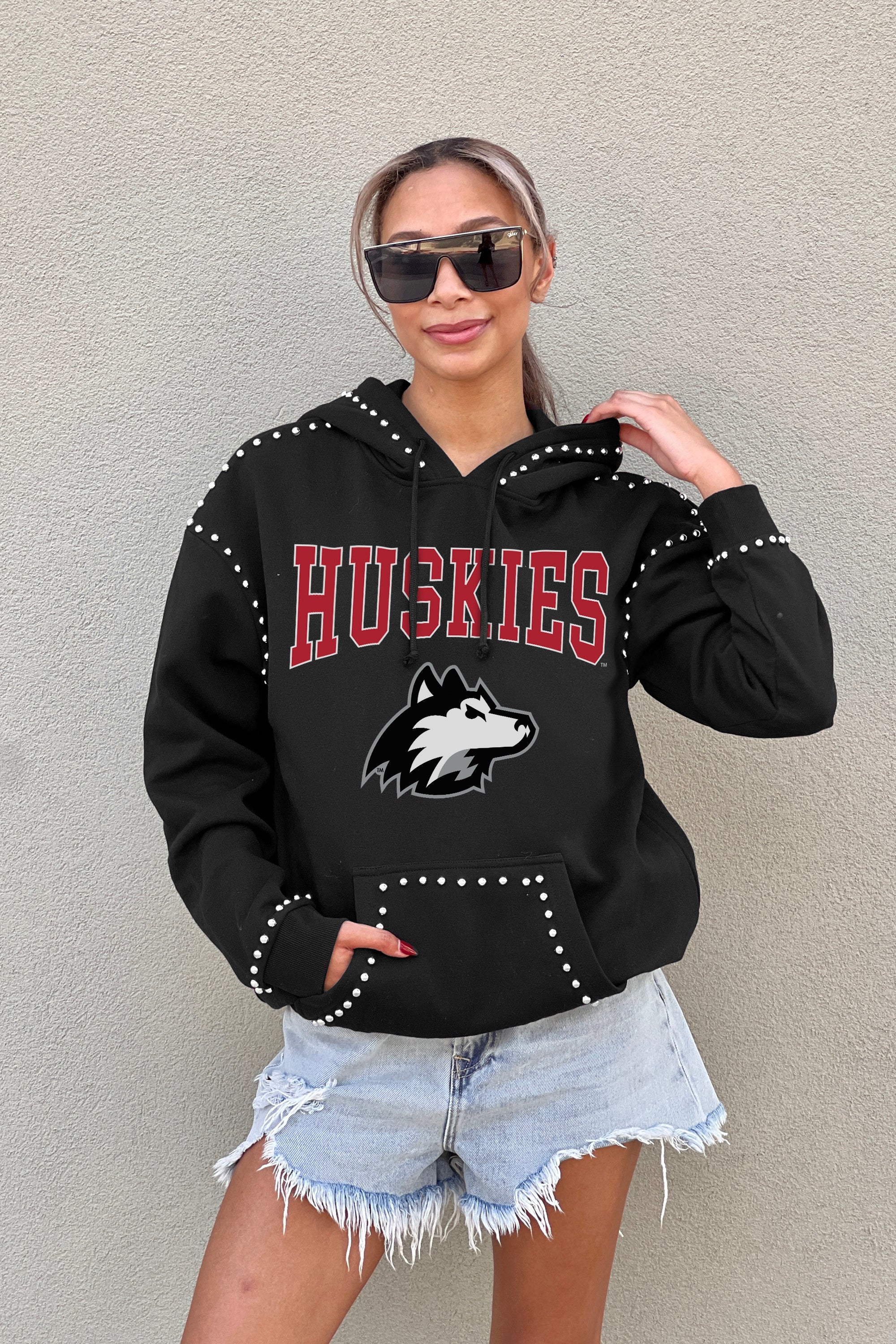 NORTHERN ILLINOIS HUSKIES BELLE OF THE BALL STUDDED DETAIL FLEECE FRONT POCKET HOODIE