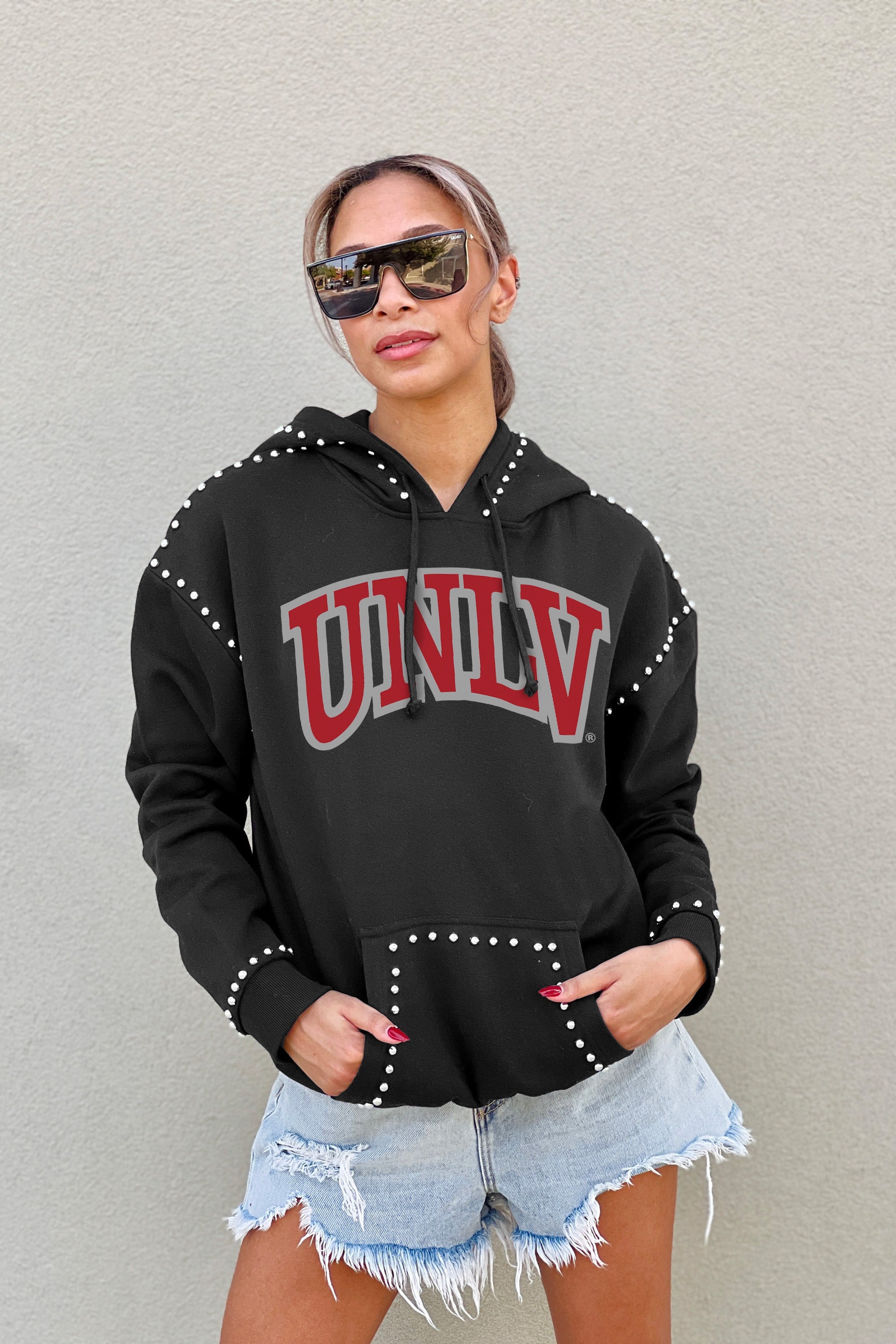 UNLV REBELS BELLE OF THE BALL STUDDED DETAIL FLEECE FRONT POCKET HOODIE