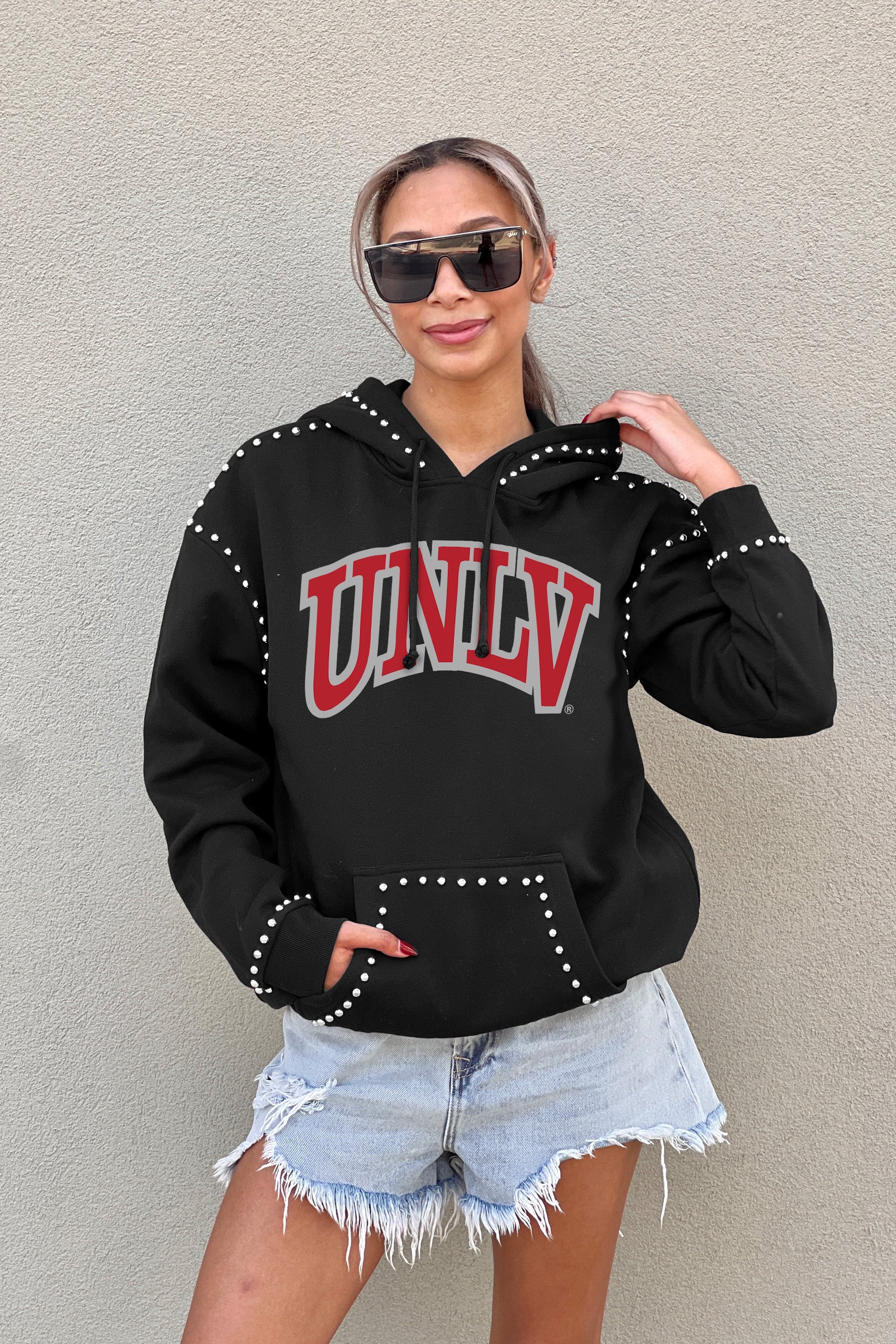 UNLV REBELS BELLE OF THE BALL STUDDED DETAIL FLEECE FRONT POCKET HOODIE