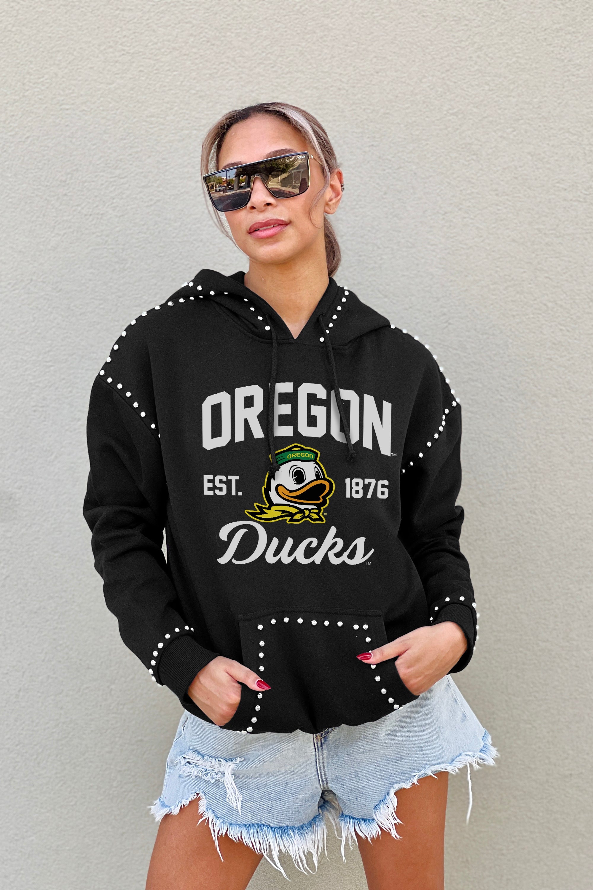 OREGON DUCKS HERE FOR IT STUDDED DETAIL FLEECE FRONT POCKET HOODIE