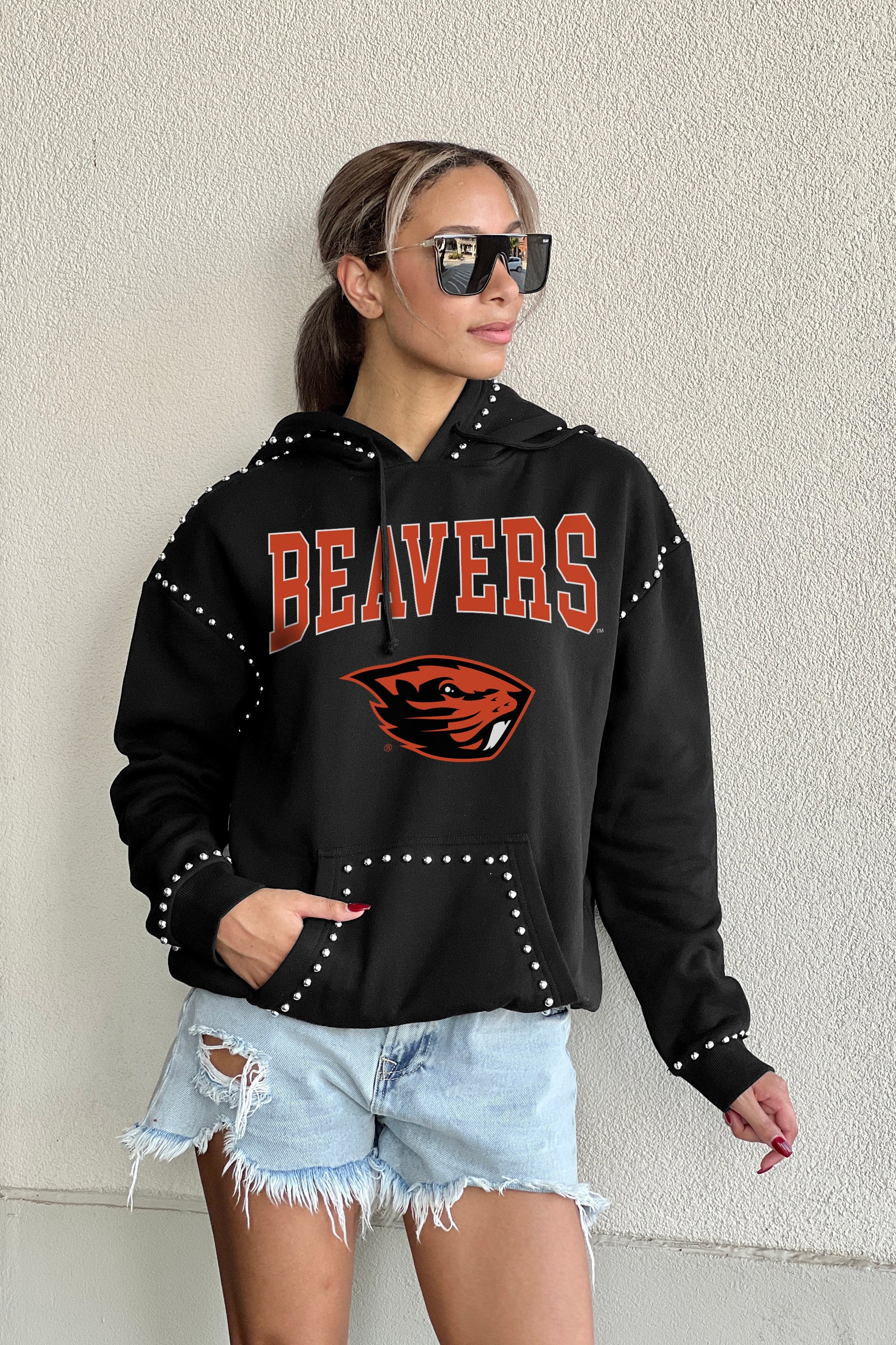 OREGON STATE BEAVERS BELLE OF THE BALL STUDDED DETAIL FLEECE FRONT POCKET HOODIE