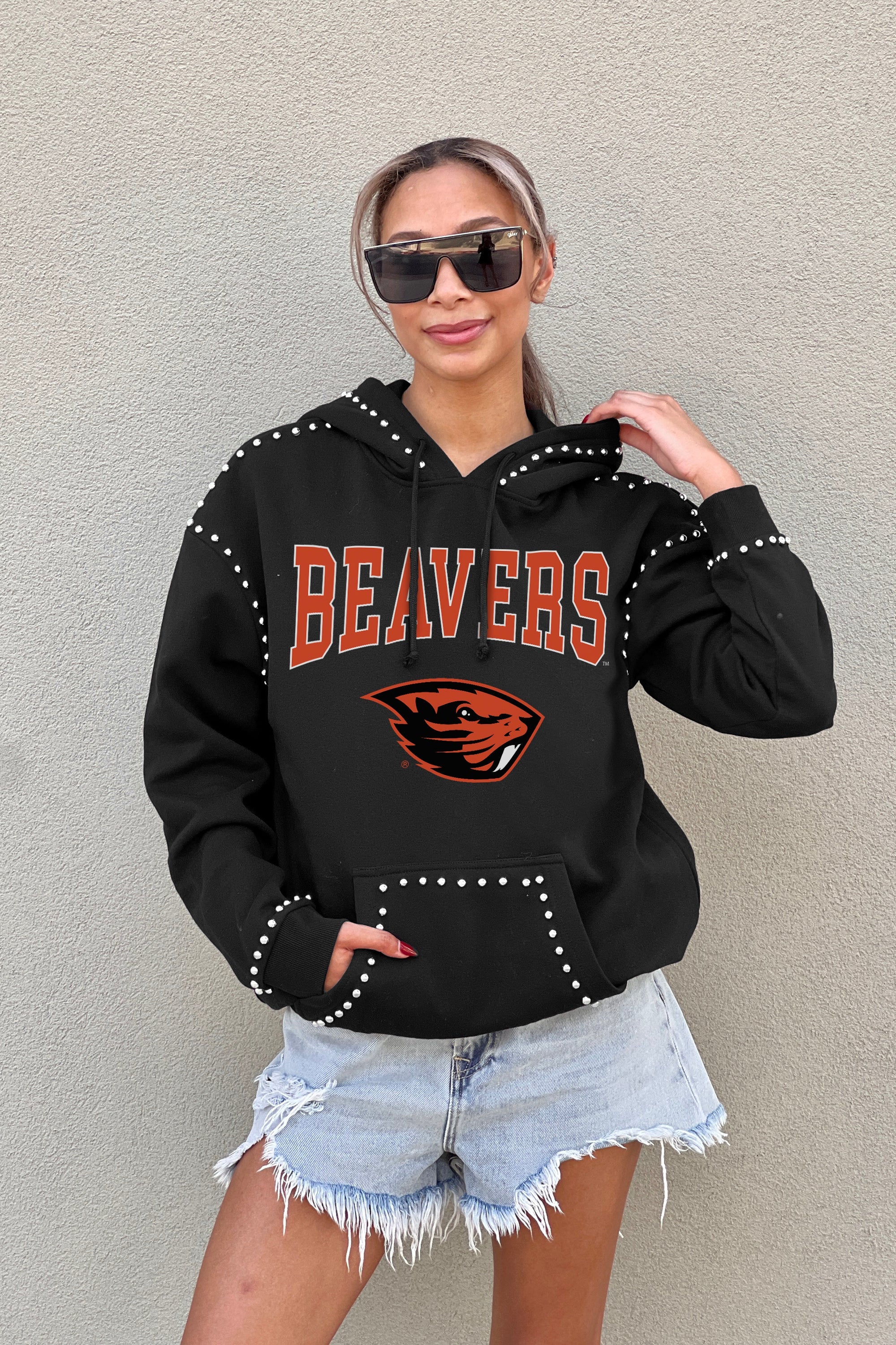 OREGON STATE BEAVERS BELLE OF THE BALL STUDDED DETAIL FLEECE FRONT POCKET HOODIE