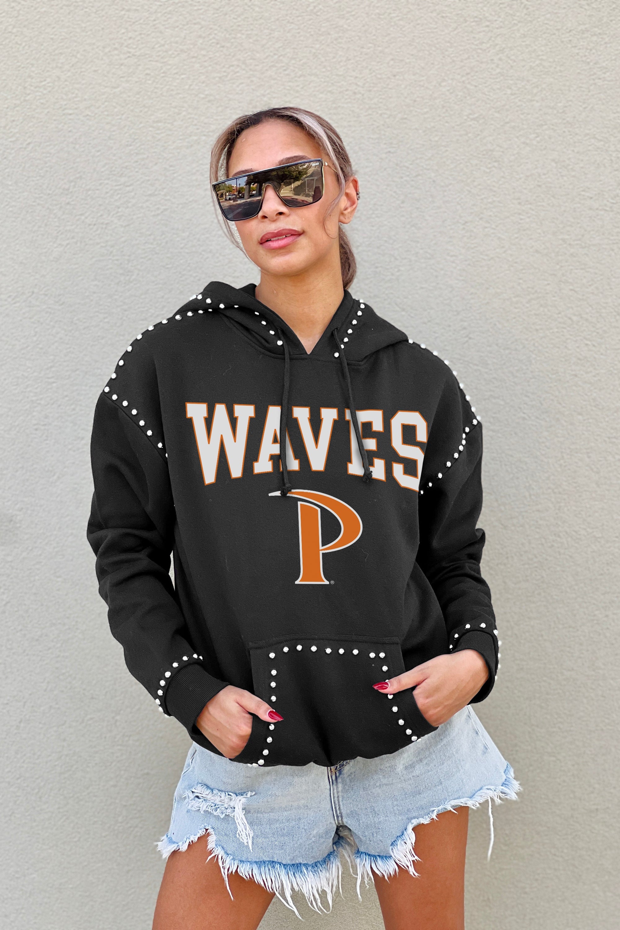 PEPPERDINE WAVES BELLE OF THE BALL STUDDED DETAIL FLEECE FRONT POCKET HOODIE