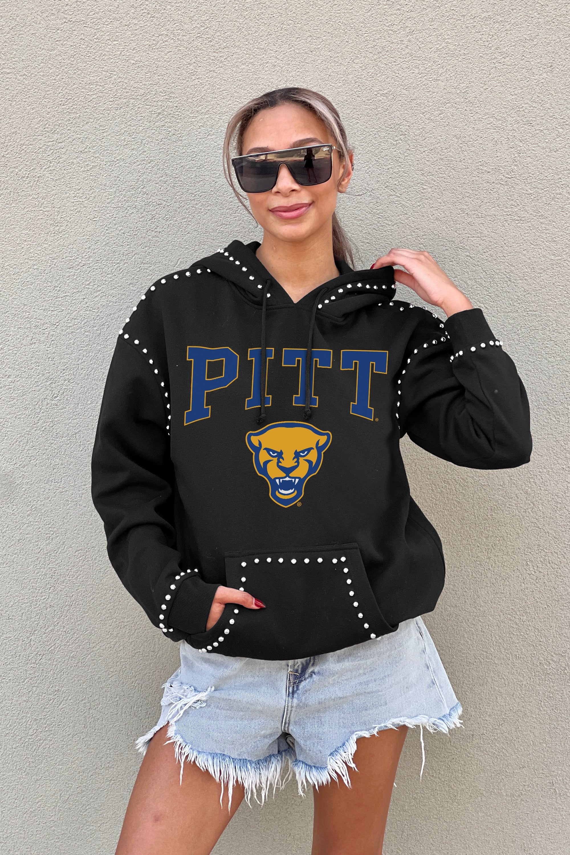 PITTSBURGH PANTHERS BELLE OF THE BALL STUDDED DETAIL FLEECE FRONT POCKET HOODIE