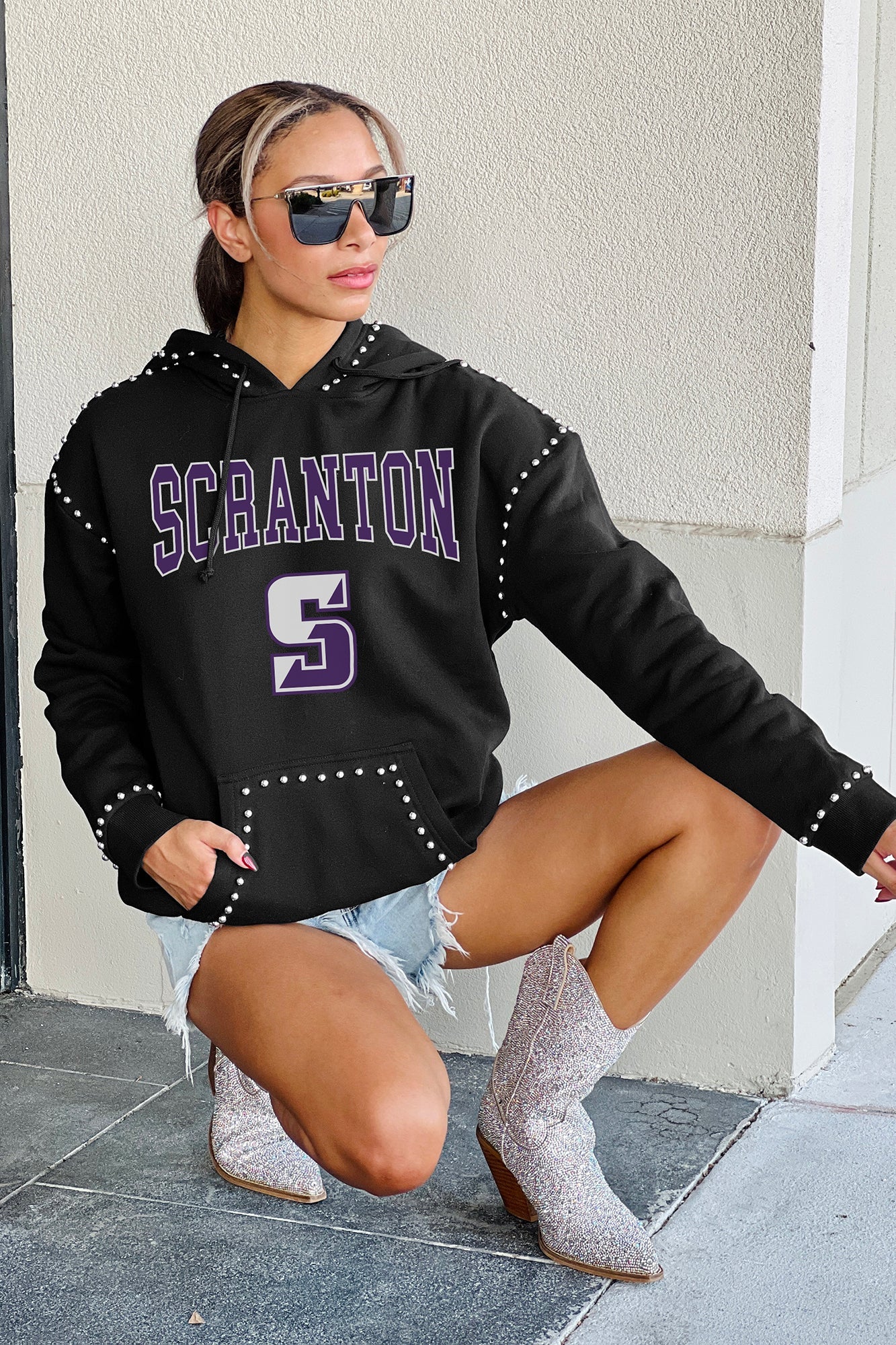 SCRANTON ROYALS BELLE OF THE BALL STUDDED DETAIL FLEECE FRONT POCKET HOODIE