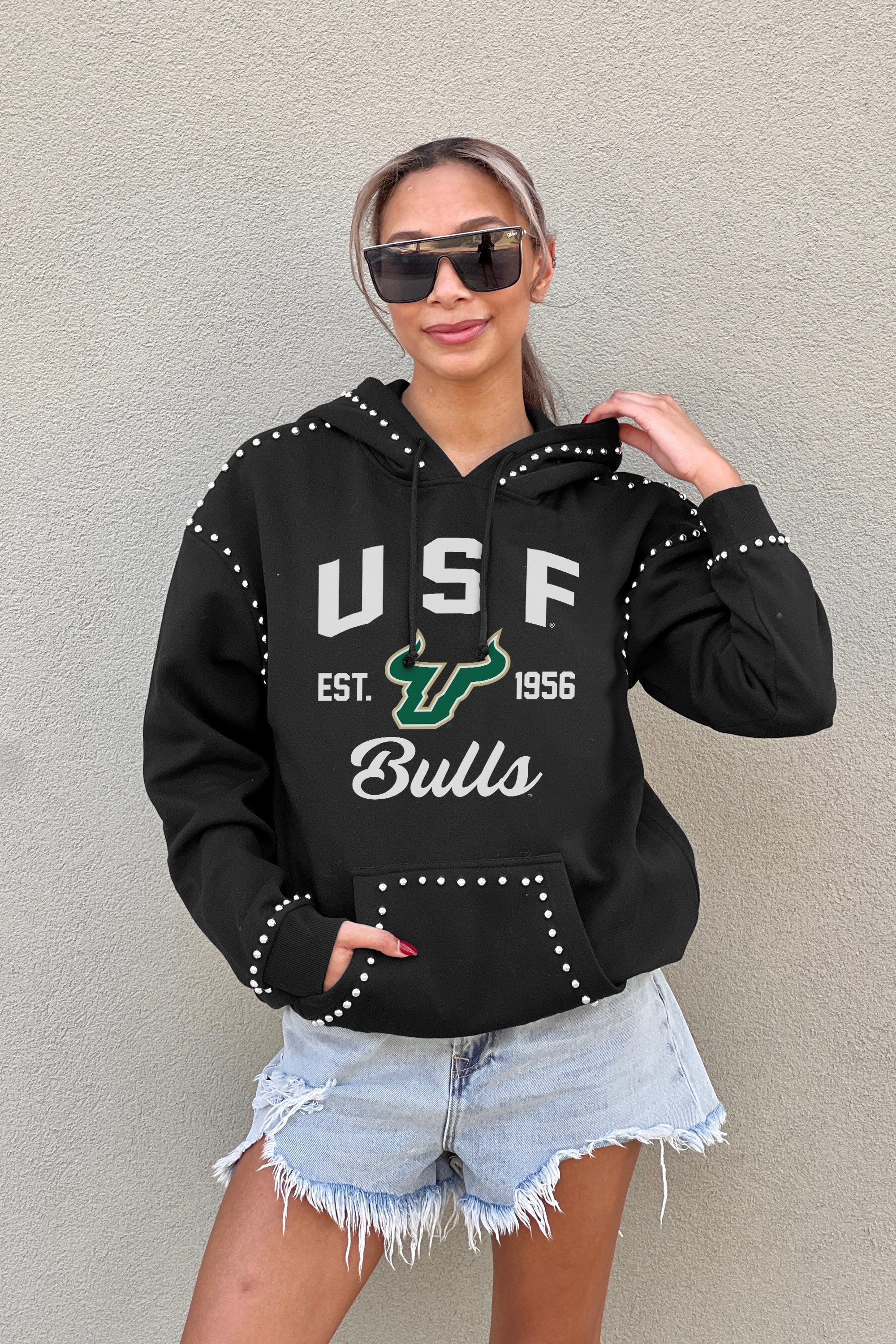 SOUTH FLORIDA BULLS HERE FOR IT STUDDED DETAIL FLEECE FRONT POCKET HOODIE