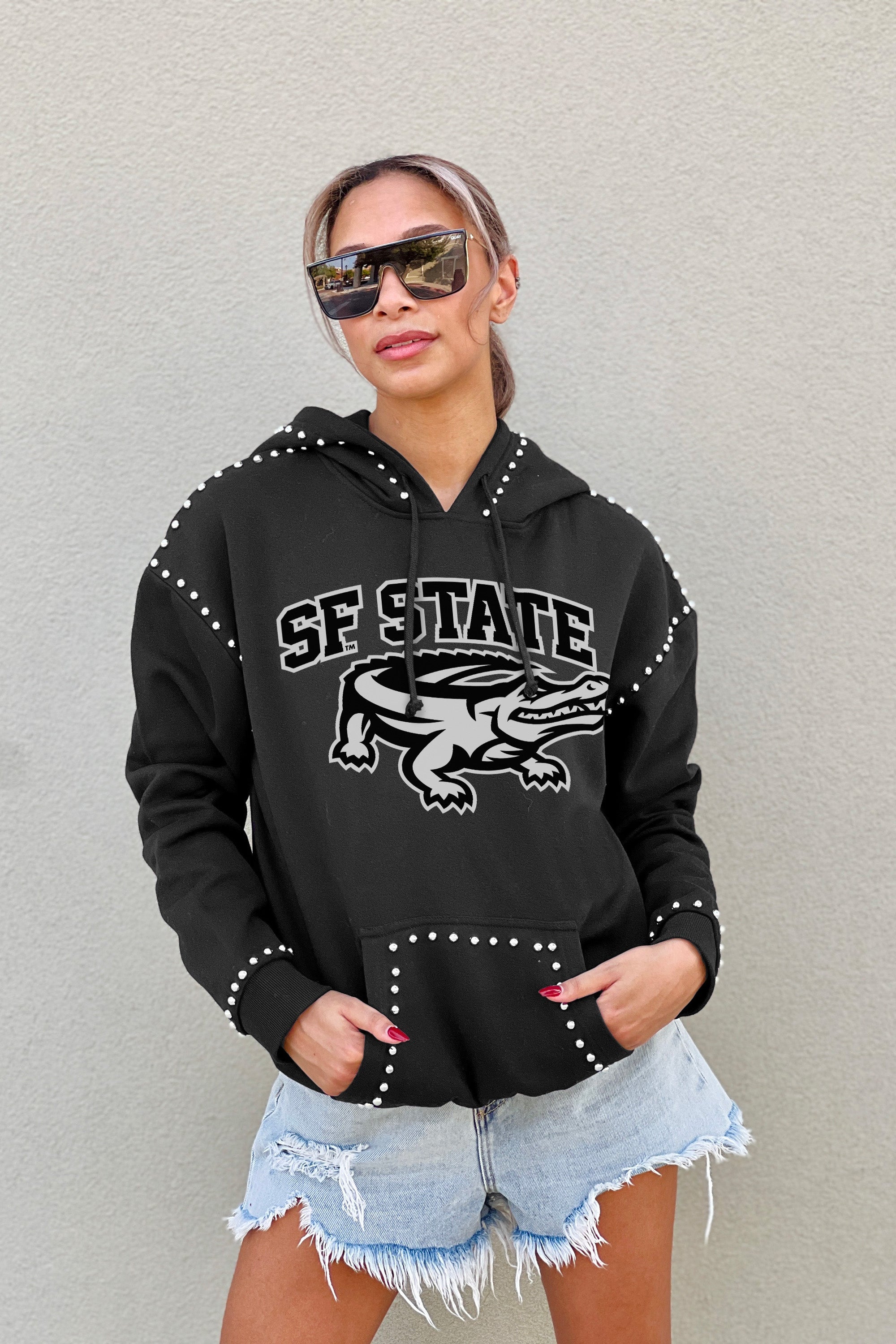 SF STATE GATORS BELLE OF THE BALL STUDDED DETAIL FLEECE FRONT POCKET HOODIE