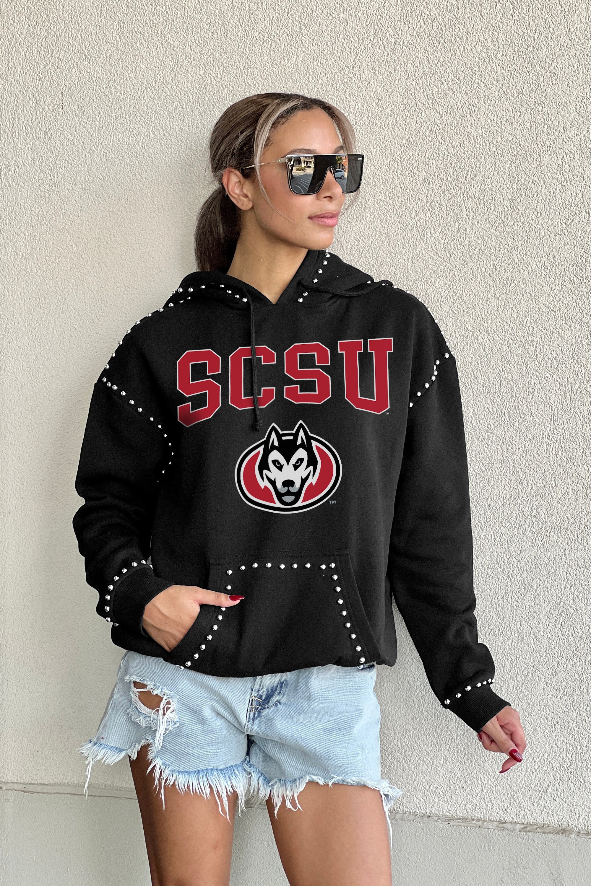 ST. CLOUD STATE HUSKIES BELLE OF THE BALL STUDDED DETAIL FLEECE FRONT POCKET HOODIE