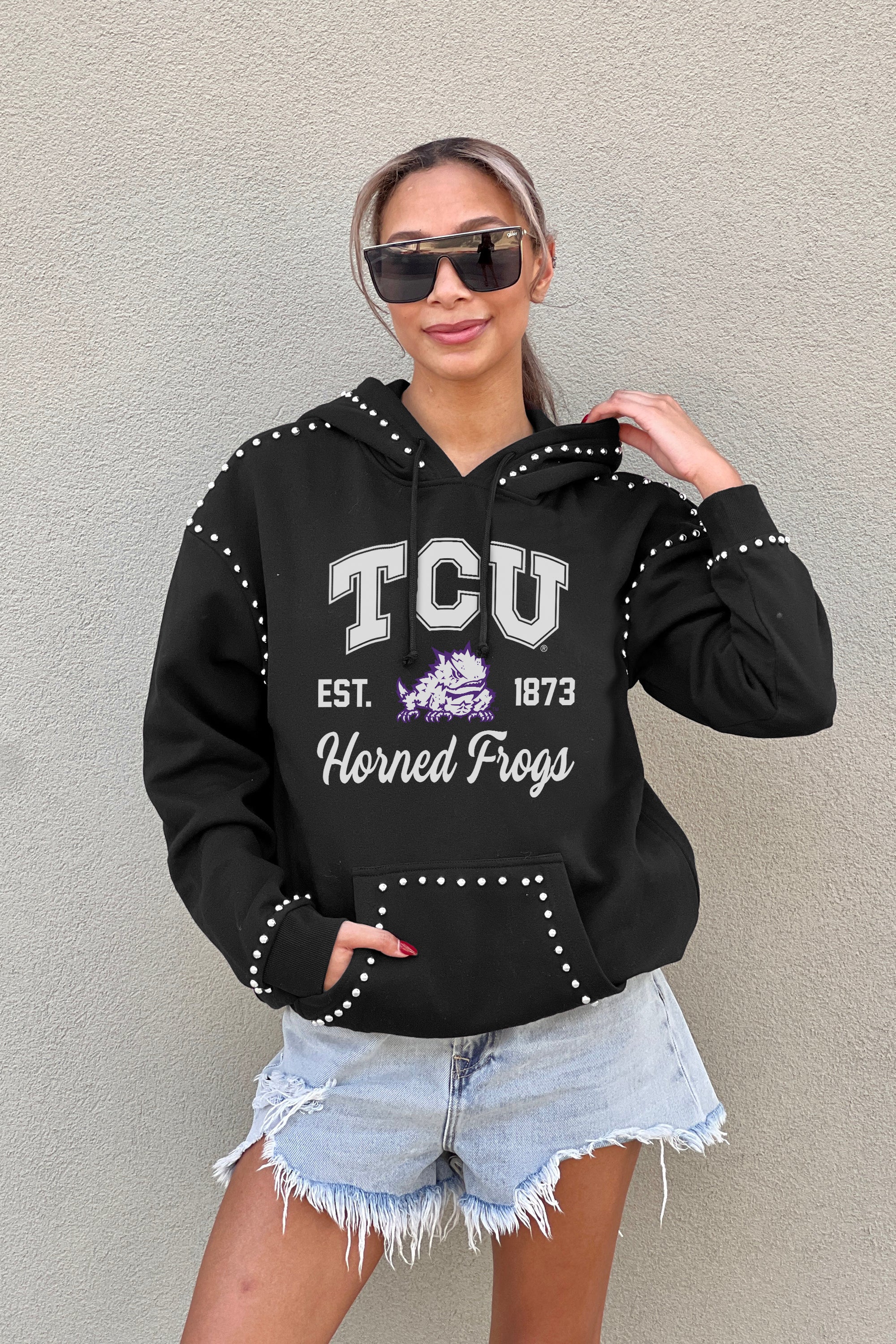 TCU HORNED FROGS HERE FOR IT STUDDED DETAIL FLEECE FRONT POCKET HOODIE