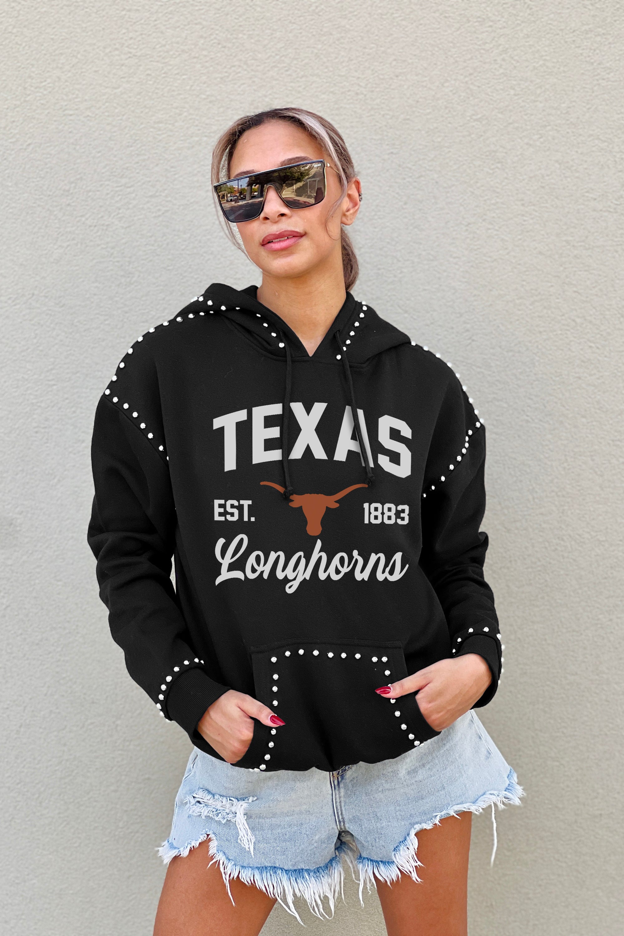 TEXAS LONGHORNS HERE FOR IT STUDDED DETAIL FLEECE FRONT POCKET HOODIE