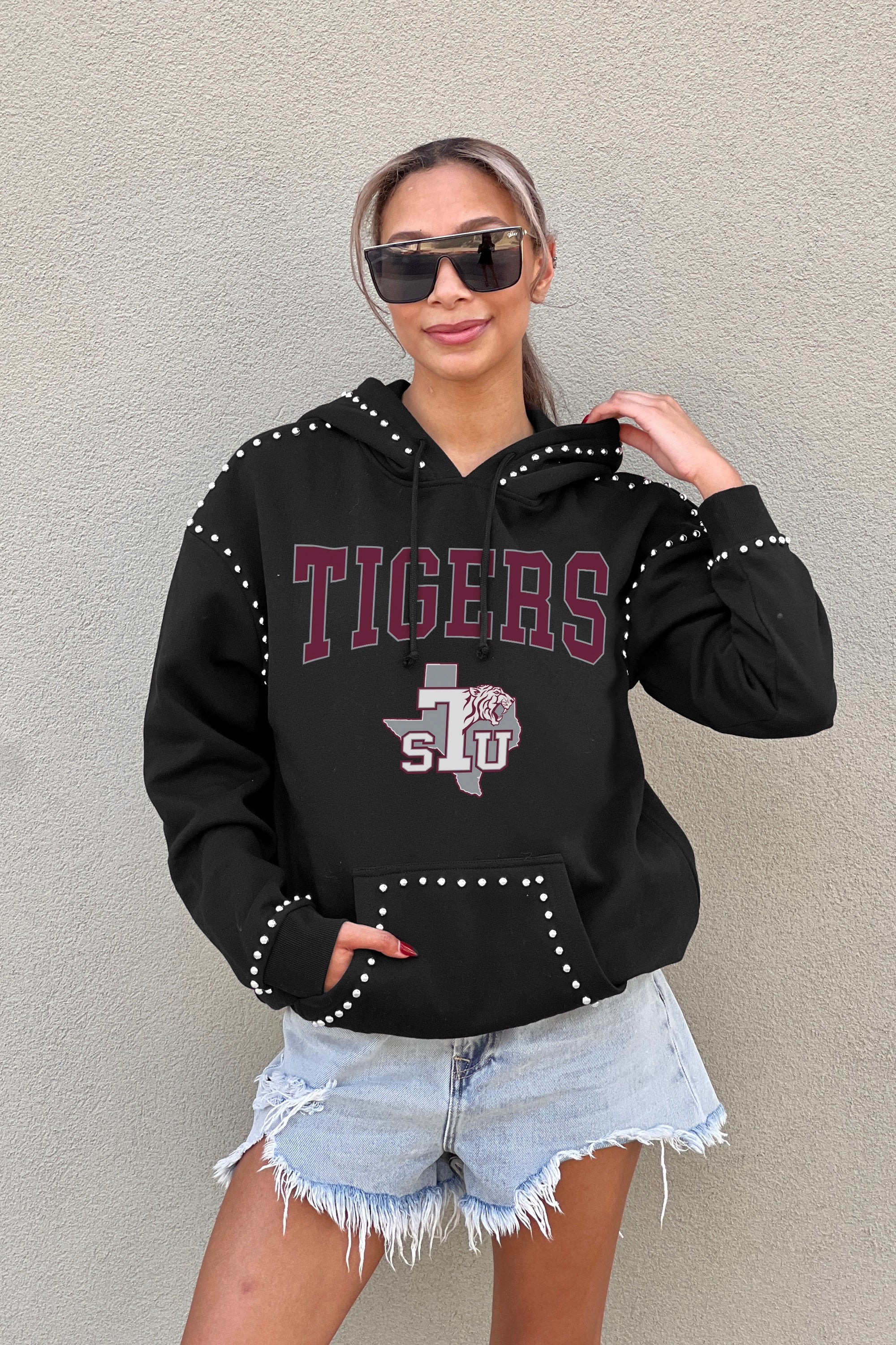 TEXAS SOUTHERN TIGERS BELLE OF THE BALL STUDDED DETAIL FLEECE FRONT POCKET HOODIE