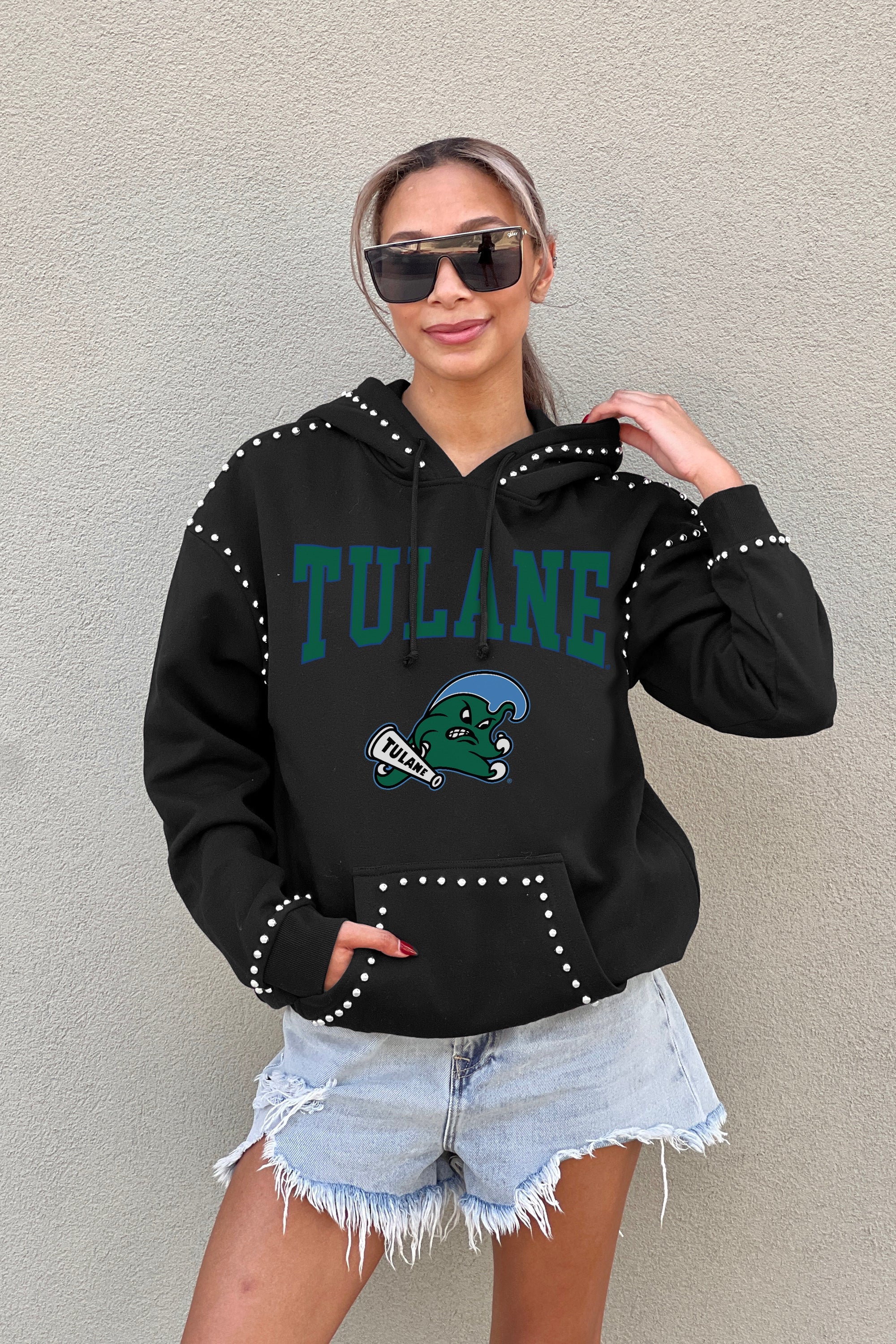 TULANE GREEN WAVE BELLE OF THE BALL STUDDED DETAIL FLEECE FRONT POCKET HOODIE