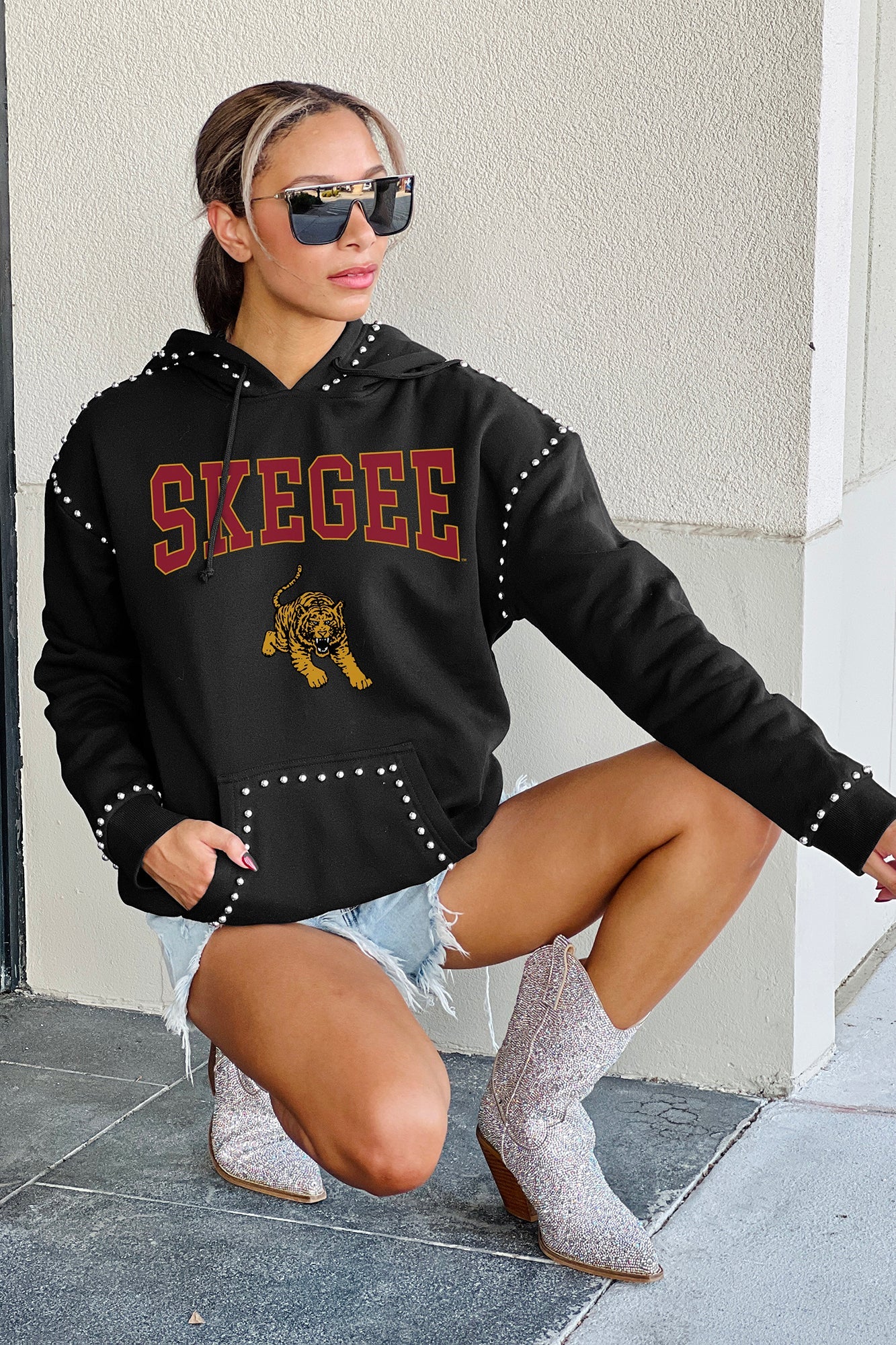 TUSKEGEE GOLDEN TIGERS BELLE OF THE BALL STUDDED DETAIL FLEECE FRONT POCKET HOODIE