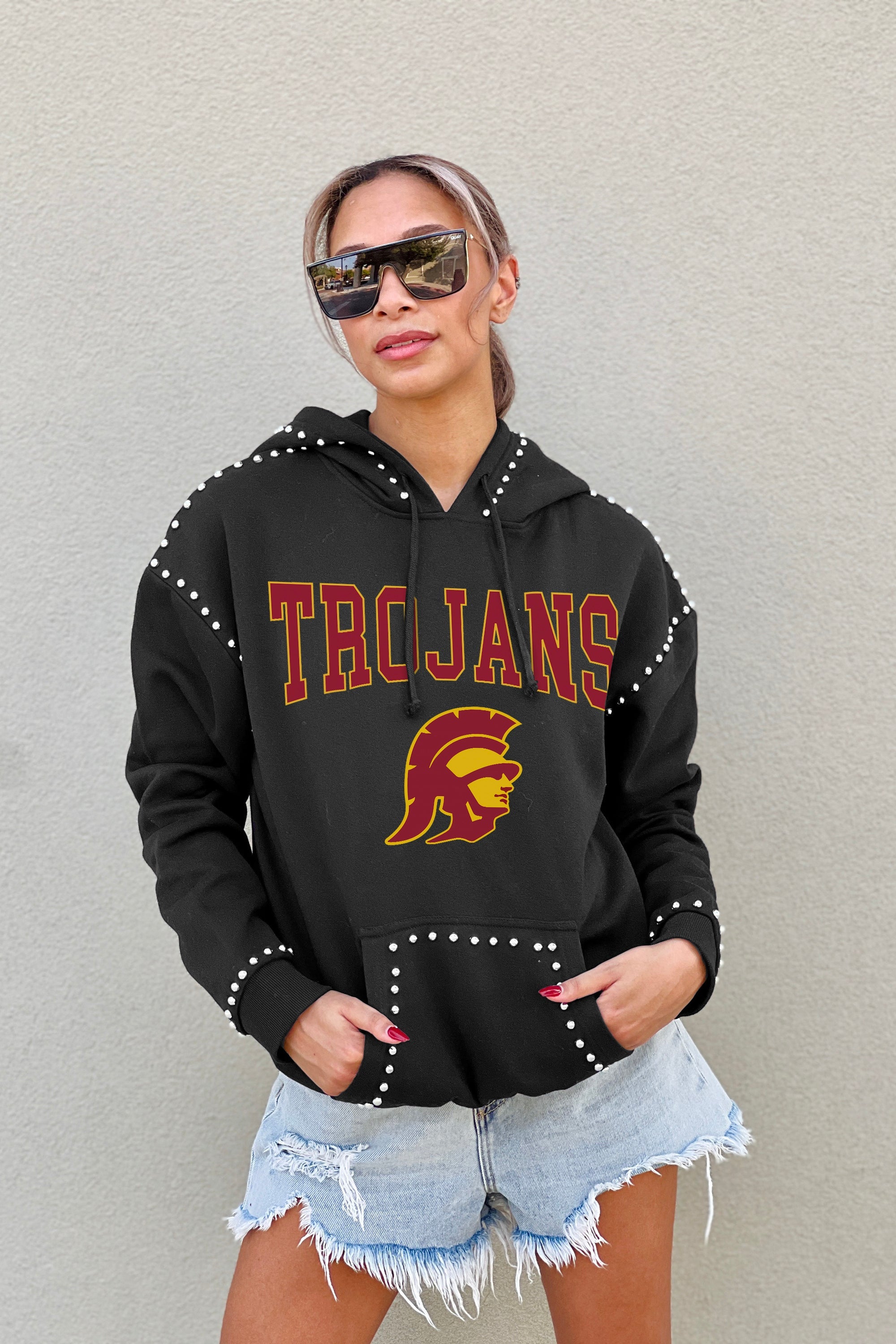 USC TROJANS BELLE OF THE BALL STUDDED DETAIL FLEECE FRONT POCKET HOODIE