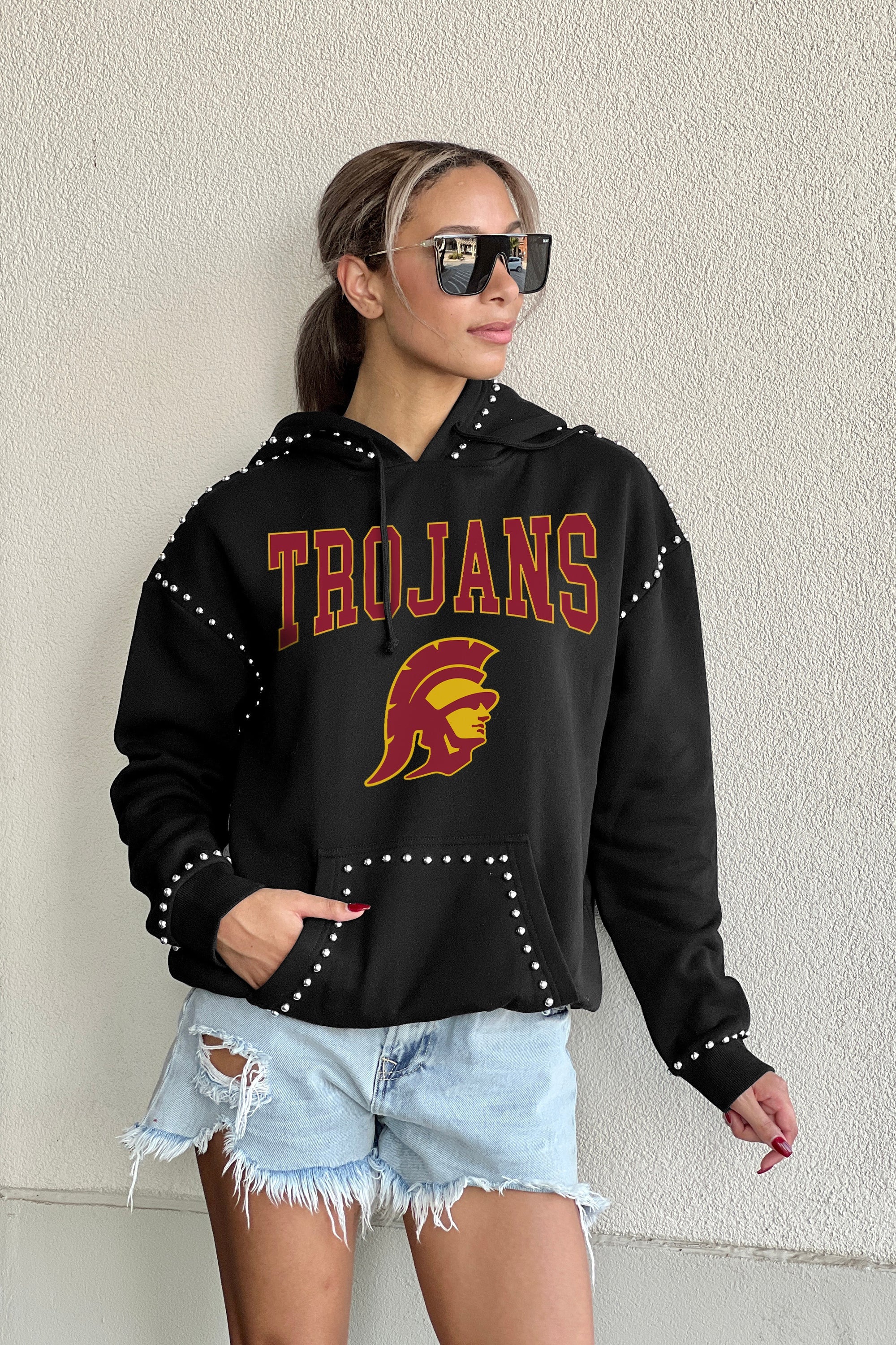 USC TROJANS BELLE OF THE BALL STUDDED DETAIL FLEECE FRONT POCKET HOODIE