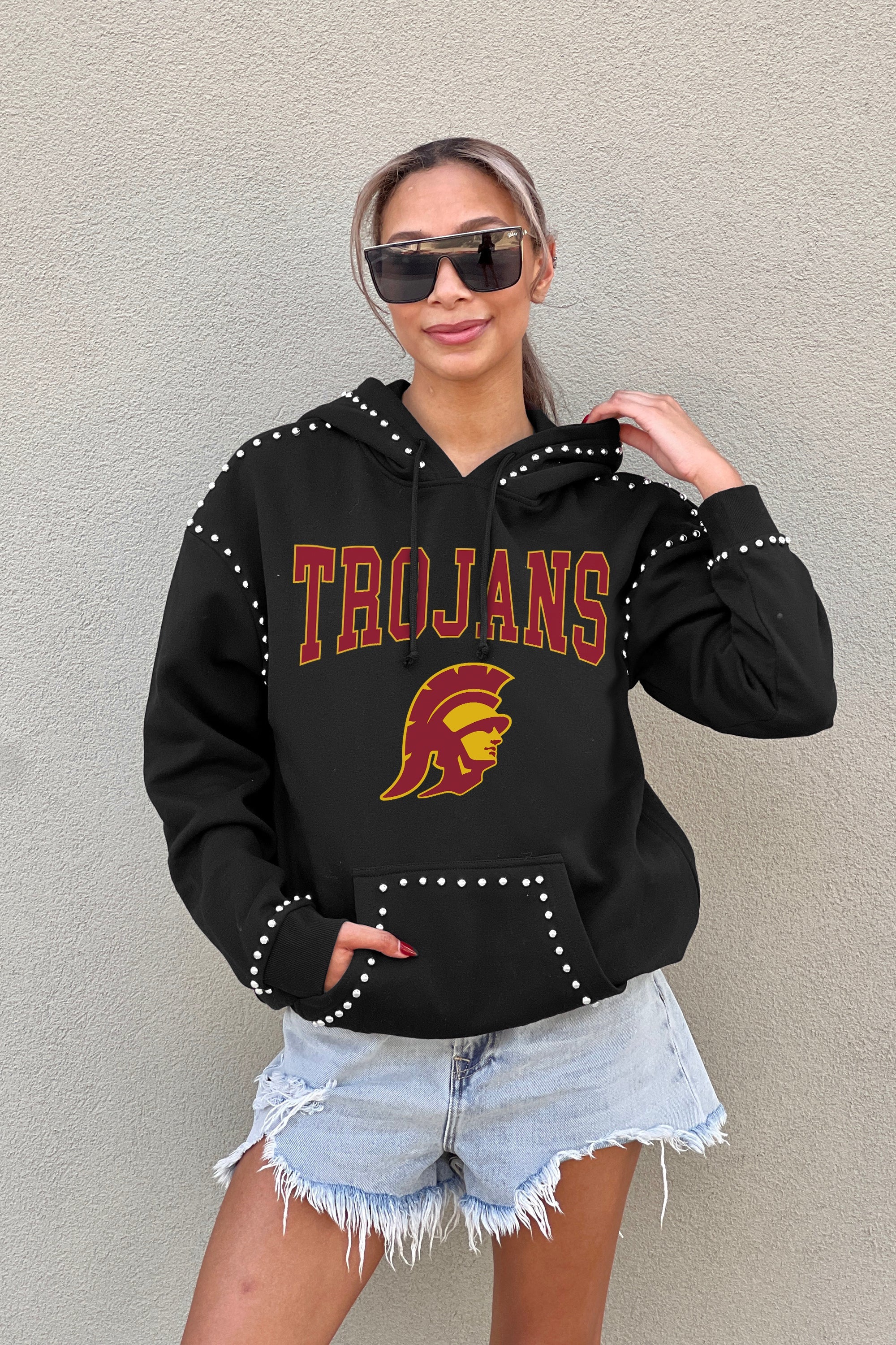 USC TROJANS BELLE OF THE BALL STUDDED DETAIL FLEECE FRONT POCKET HOODIE