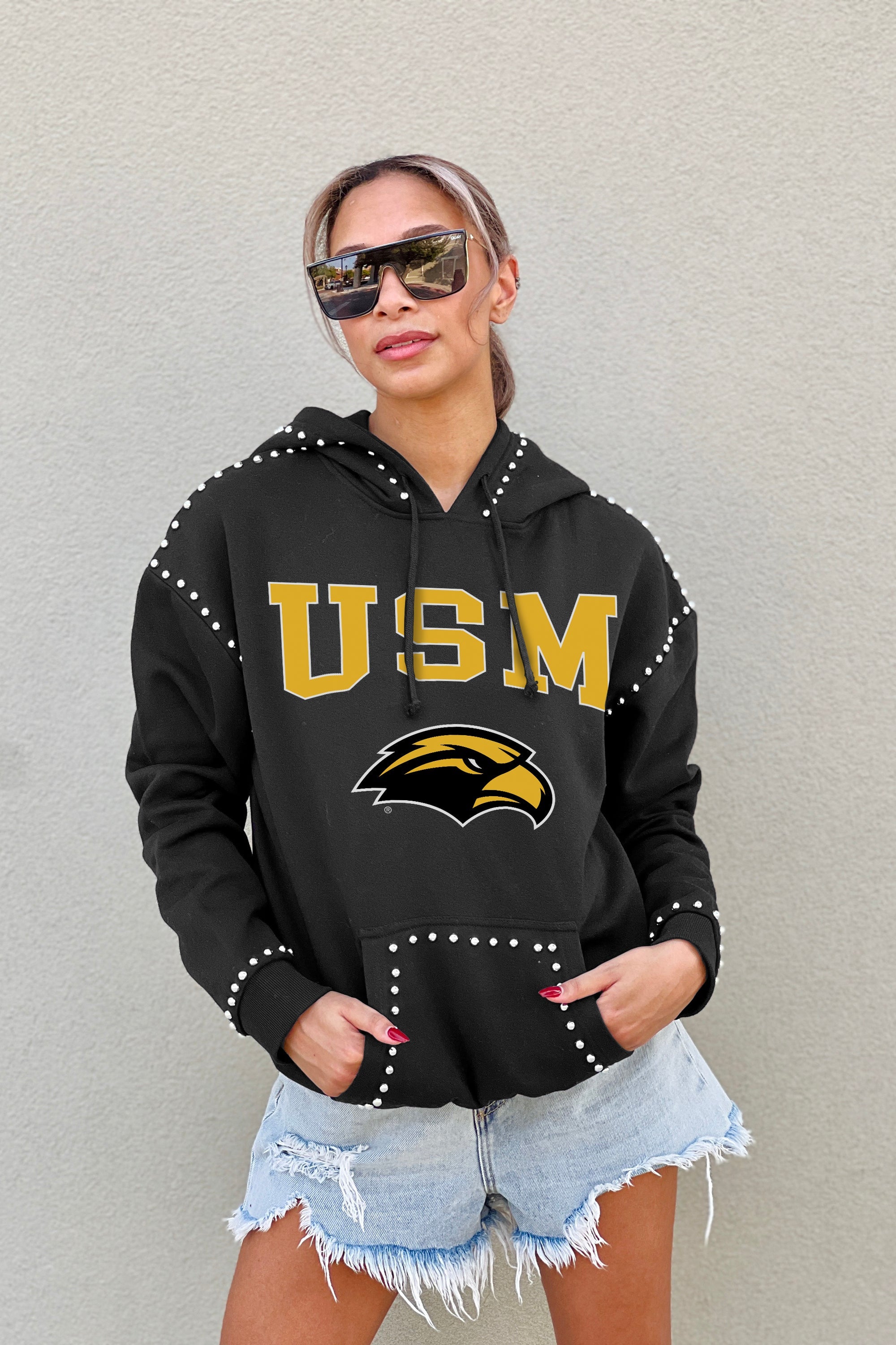 SOUTHERN MISS GOLDEN EAGLES BELLE OF THE BALL STUDDED DETAIL FLEECE FRONT POCKET HOODIE