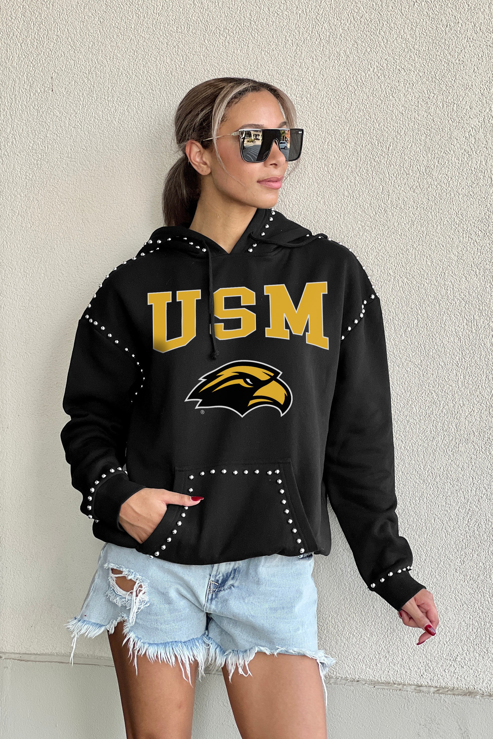 SOUTHERN MISS GOLDEN EAGLES BELLE OF THE BALL STUDDED DETAIL FLEECE FRONT POCKET HOODIE