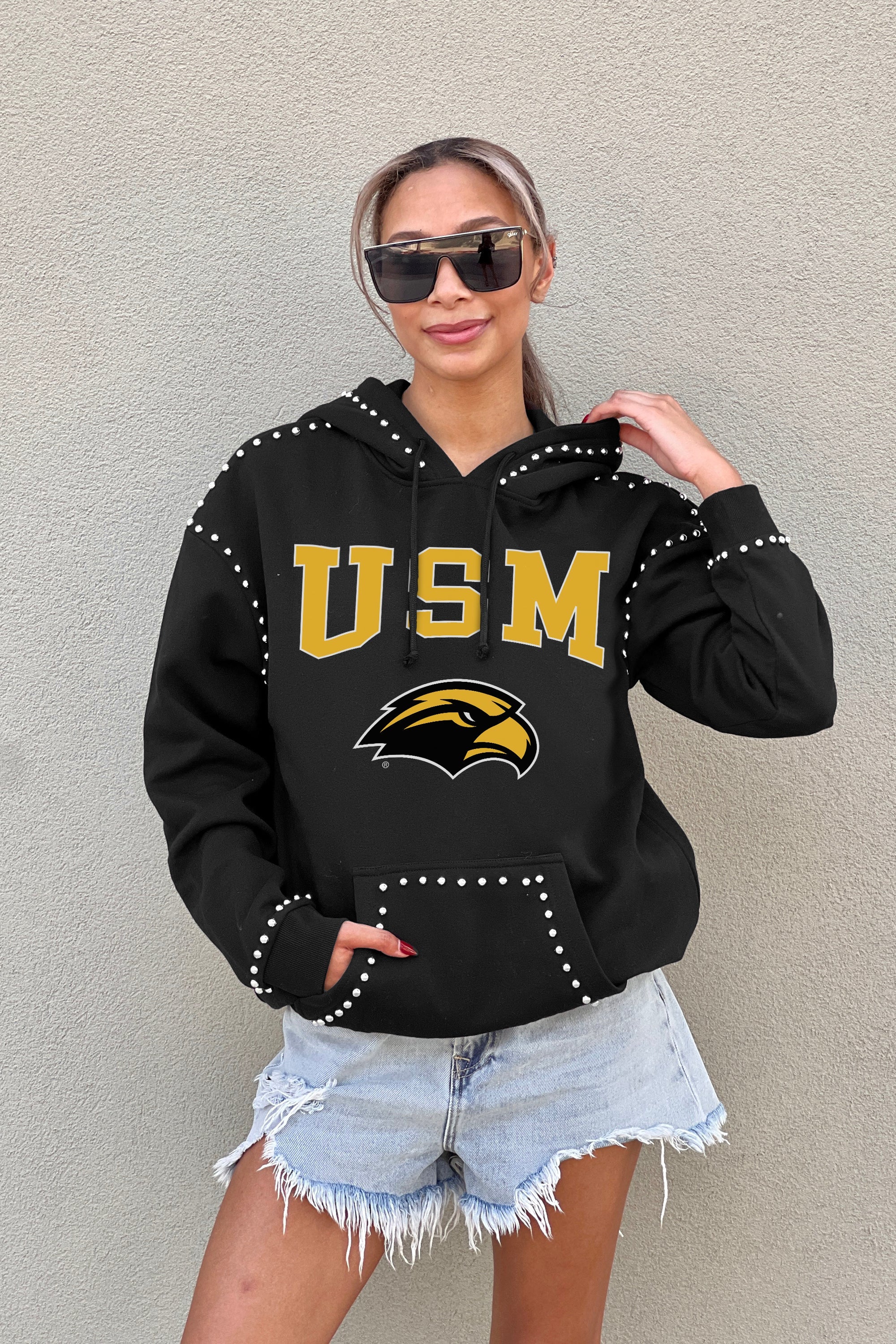 SOUTHERN MISS GOLDEN EAGLES BELLE OF THE BALL STUDDED DETAIL FLEECE FRONT POCKET HOODIE