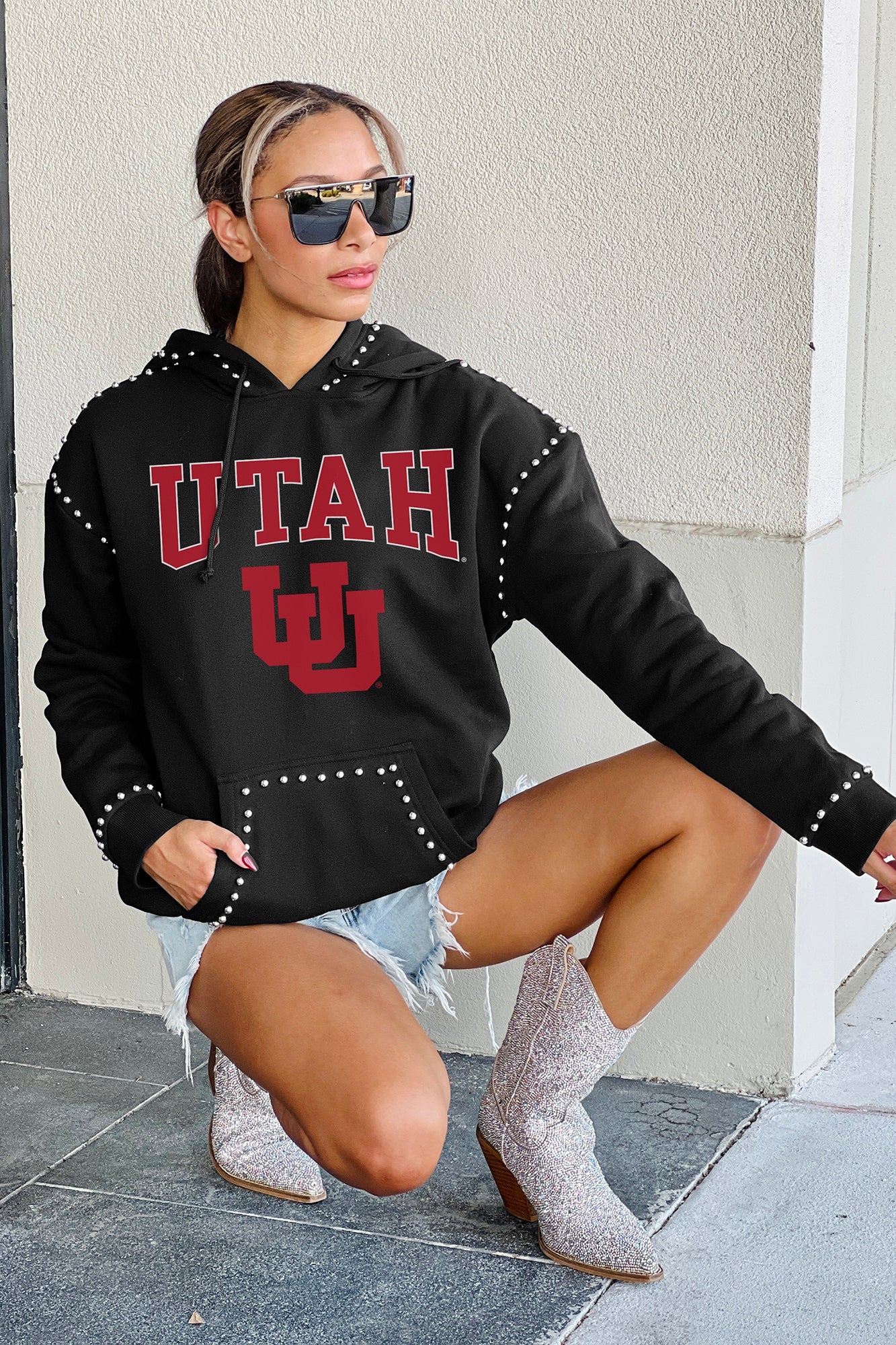 UTAH UTES BELLE OF THE BALL STUDDED DETAIL FLEECE FRONT POCKET HOODIE