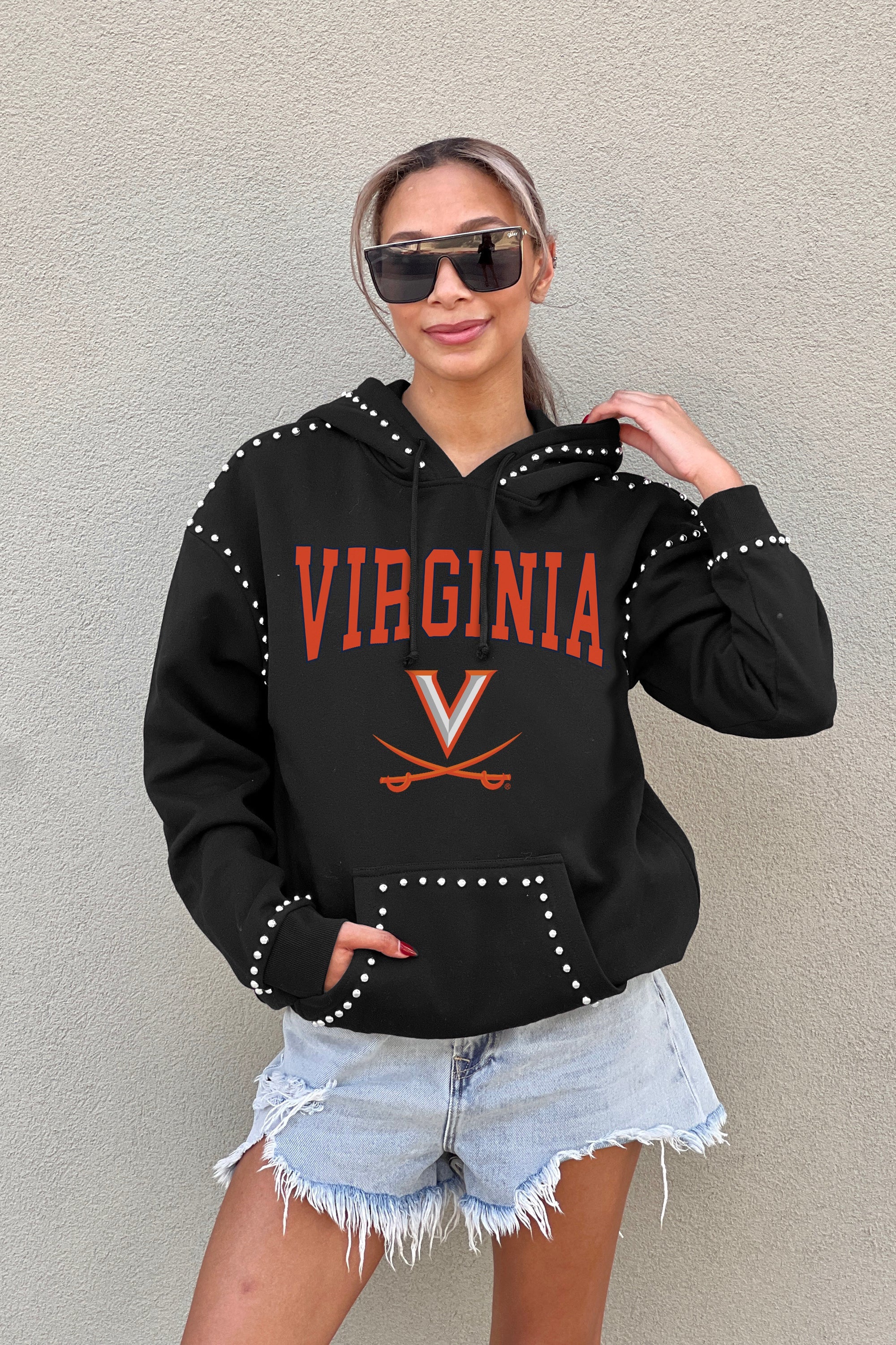 VIRGINIA CAVALIERS BELLE OF THE BALL STUDDED DETAIL FLEECE FRONT POCKET HOODIE